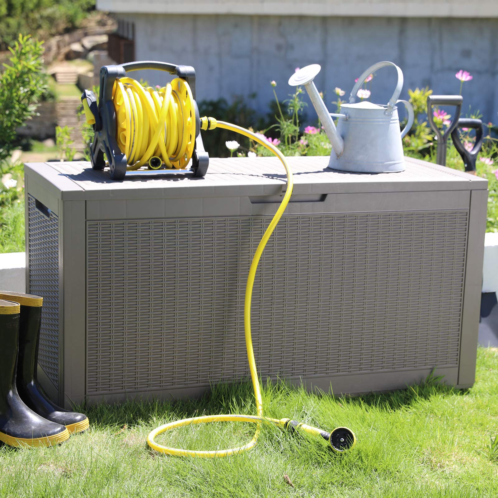 100 Gallon Waterproof Outdoor Storage Deck Box - Modern-Depo Polypropylene Garden & Pool Storage Bench for Towels, Tools & Patio Accessories - Gray - Perfect for Backyard, Porch & Poolside Organization