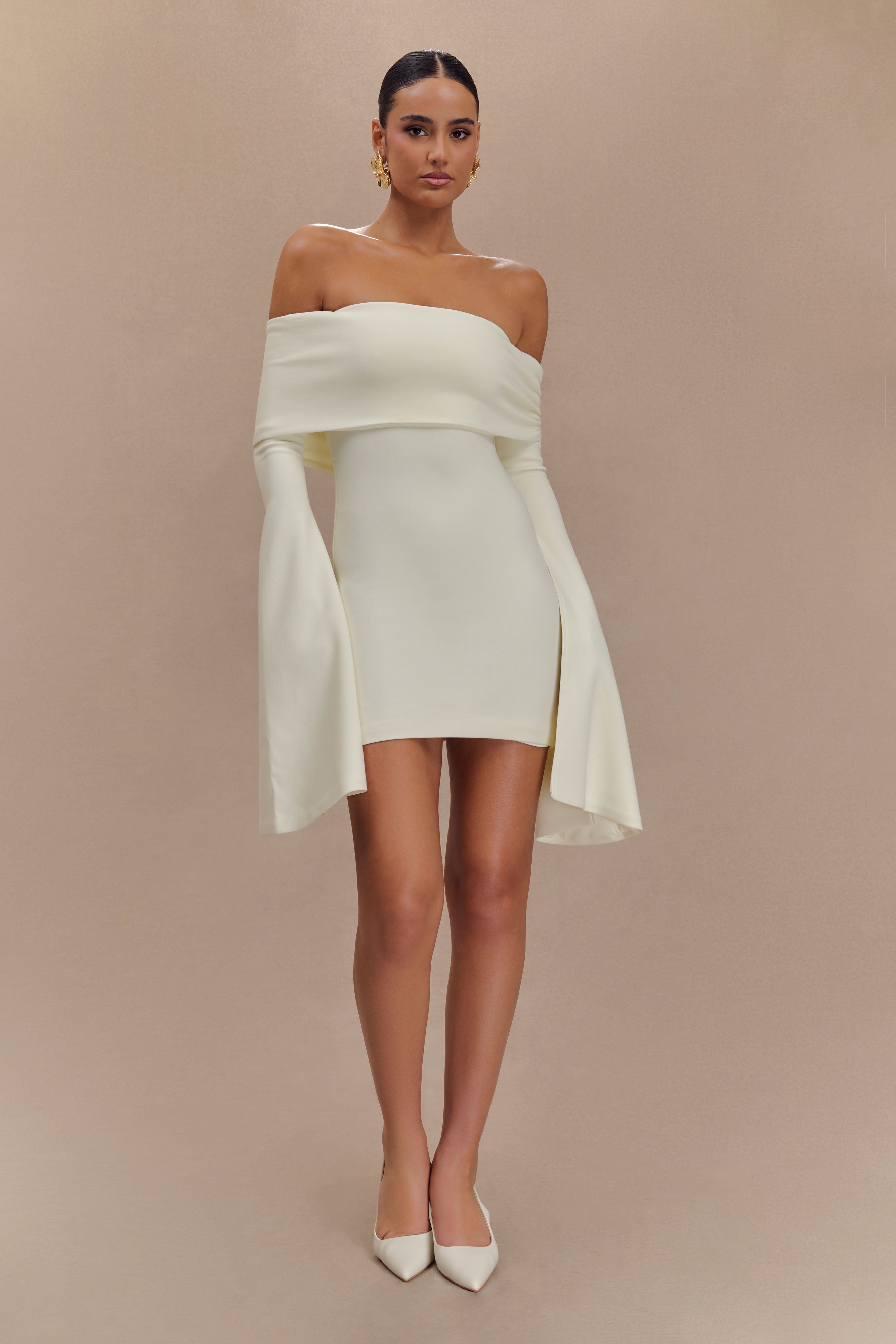 Dominique Off Shoulder Long Sleeve Mini Dress - Ivory | Elegant Party & Date Night Outfit for Women | Perfect for Weddings, Cocktails & Special Occasions