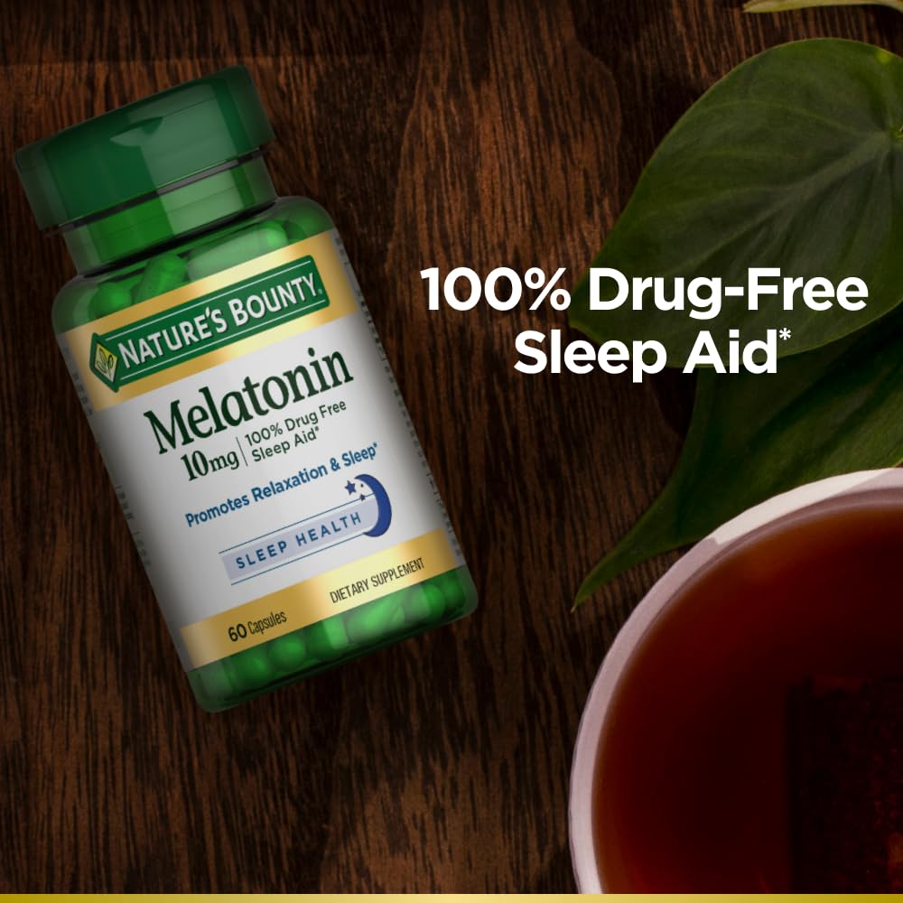 Nature's Bounty Melatonin 10mg - 60 Count | 100% Drug-Free Sleep Aid & Dietary Supplement | Promotes Restful Sleep for Jet Lag, Shift Work & Occasional Sleeplessness