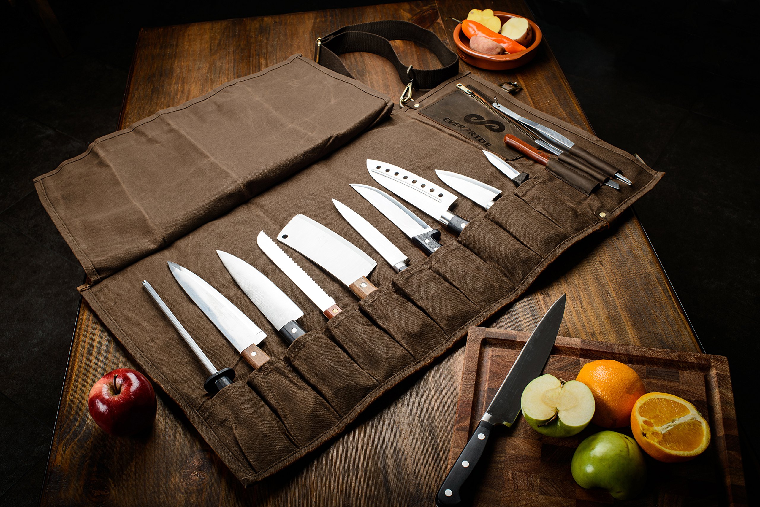 EVERPRIDE Professional Chef Knife Roll Bag with Knife Guard Set - 10-Piece Canvas & Leather Knife Storage for Chefs - Felt-Lined BPA-Free Sheaths (Knives Not Included) - Perfect for Culinary School, Restaurant Kitchens & Home Cooking