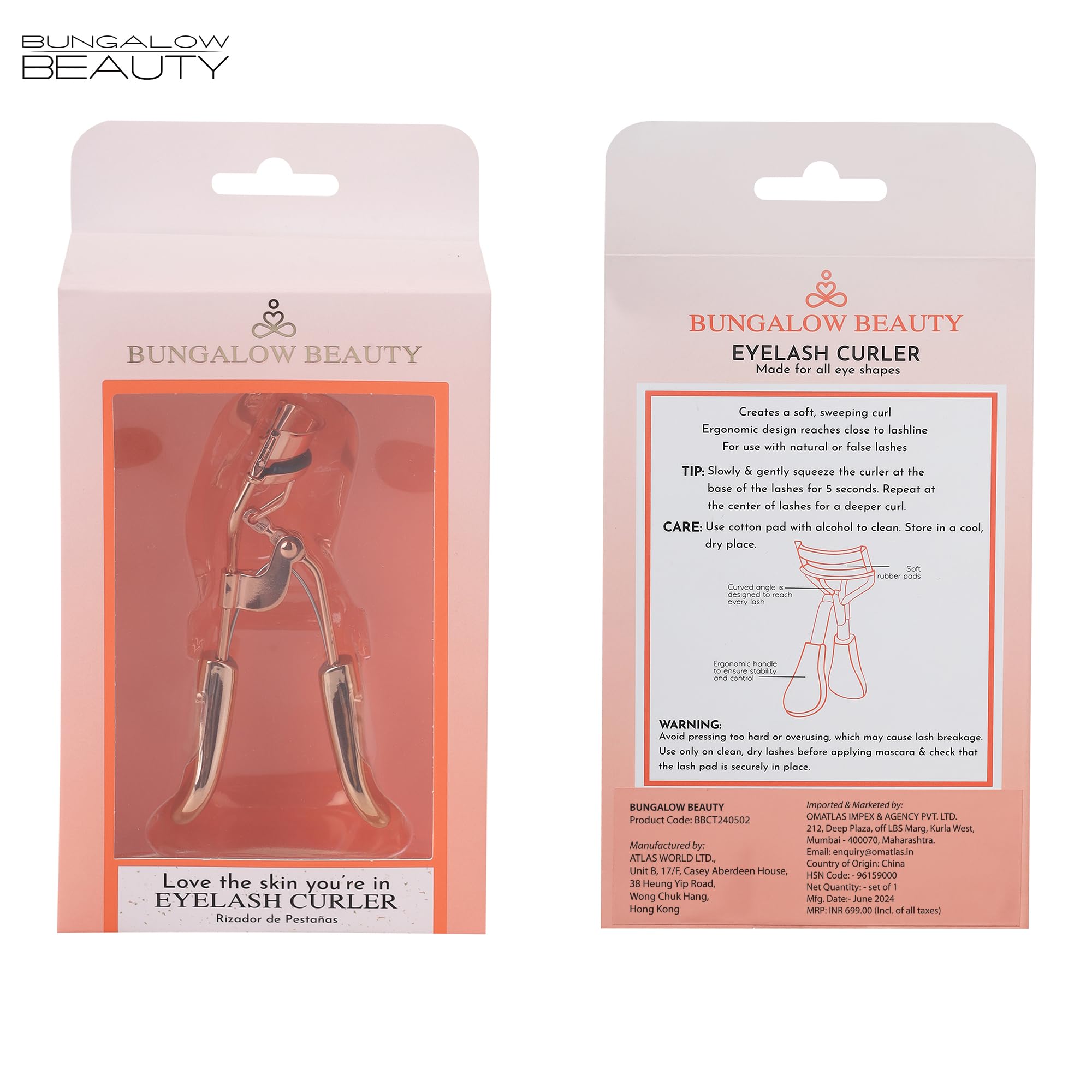 BUNGALOW BEAUTY Professional Eyelash Curler for Women - Lead Free, Cadmium Free, Phthalates Free, Safe & Easy to Use | Perfect for Daily Makeup, Salon Use, and Travel | California Prop 65 Compliant