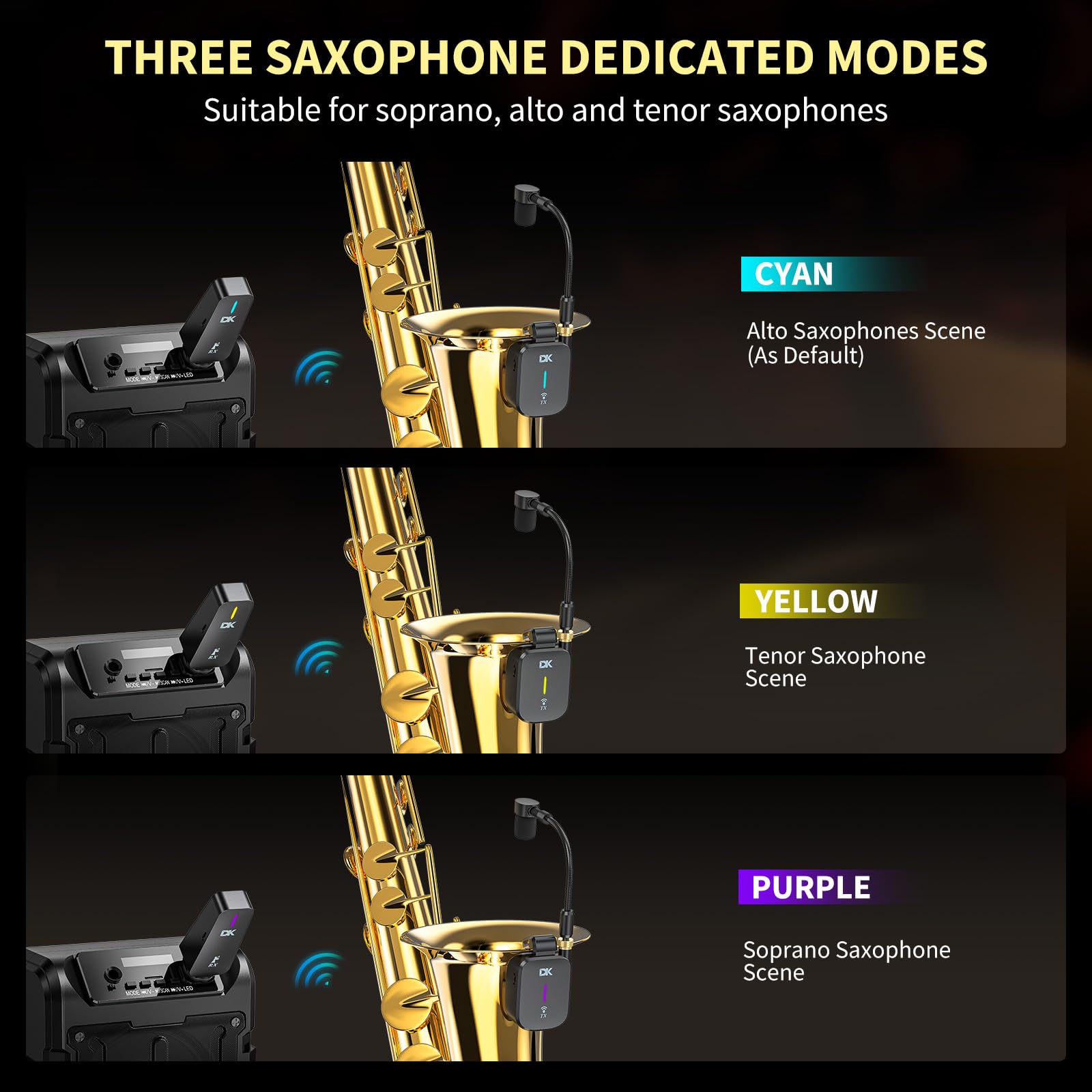 Professional UHF Wireless Saxophone Microphone System - Clip-On Rechargeable Instrument Mic with Charging Case, 3 Dedicated Sax Modes, 131ft Range for Live Performances, Studio Recording & Monitor Headphones