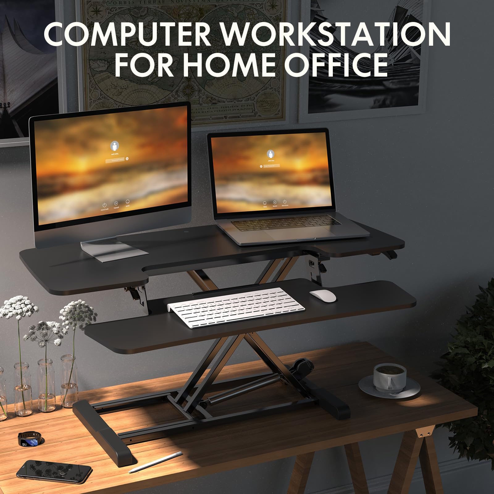 FLEXISPOT 40-inch Standing Desk Converter - Adjustable Height Sit Stand Desk Riser with Spacious 2-Tier Desktop | Ergonomic Computer Workstation for Home & Office (Black) | Perfect for Remote Work, Gaming, and Study Spaces