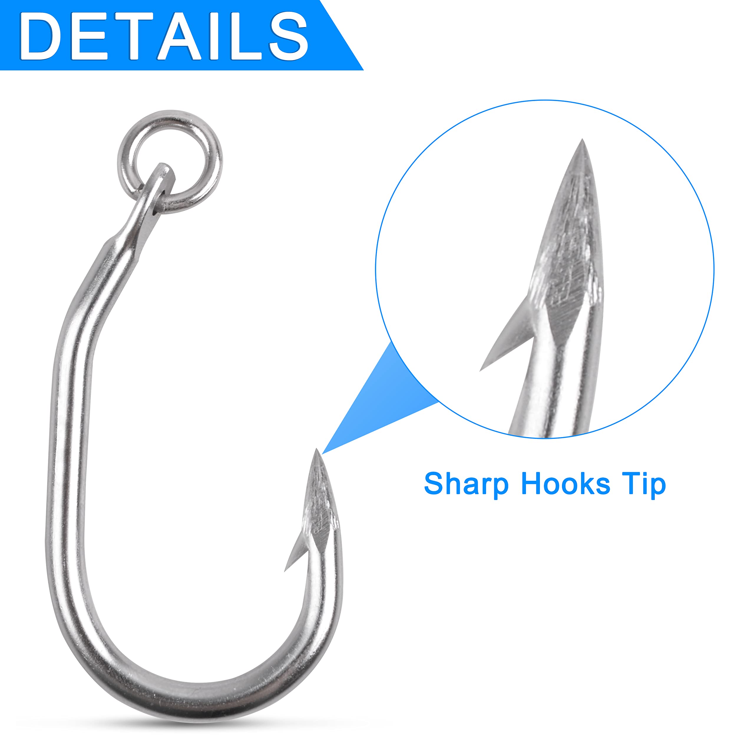 10pcs Ringed Live Bait Fishing Hooks - Stainless Steel Saltwater Big Game Circle Hooks for Tuna, Shark, Swordfish & Catfish | Heavy Duty Ocean Fishing Gear for Deep Sea & Offshore Angling
