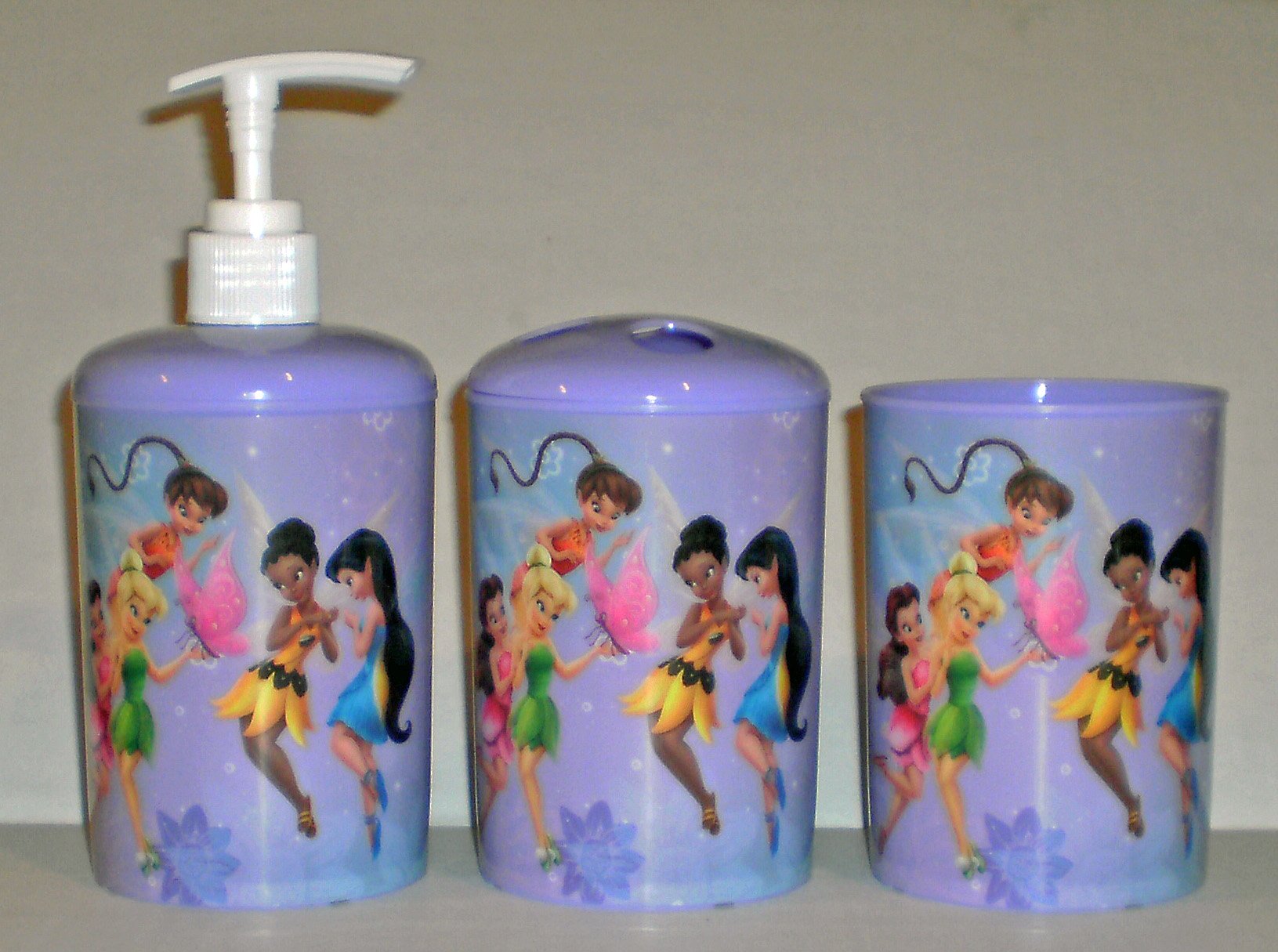 Disney Fairies Tinkerbell 3-Piece Bathroom Set - Shower Curtain Hooks, Soap Dispenser & Toothbrush Holder | Perfect for Kids' Bathroom Decor & Disney Themed Rooms
