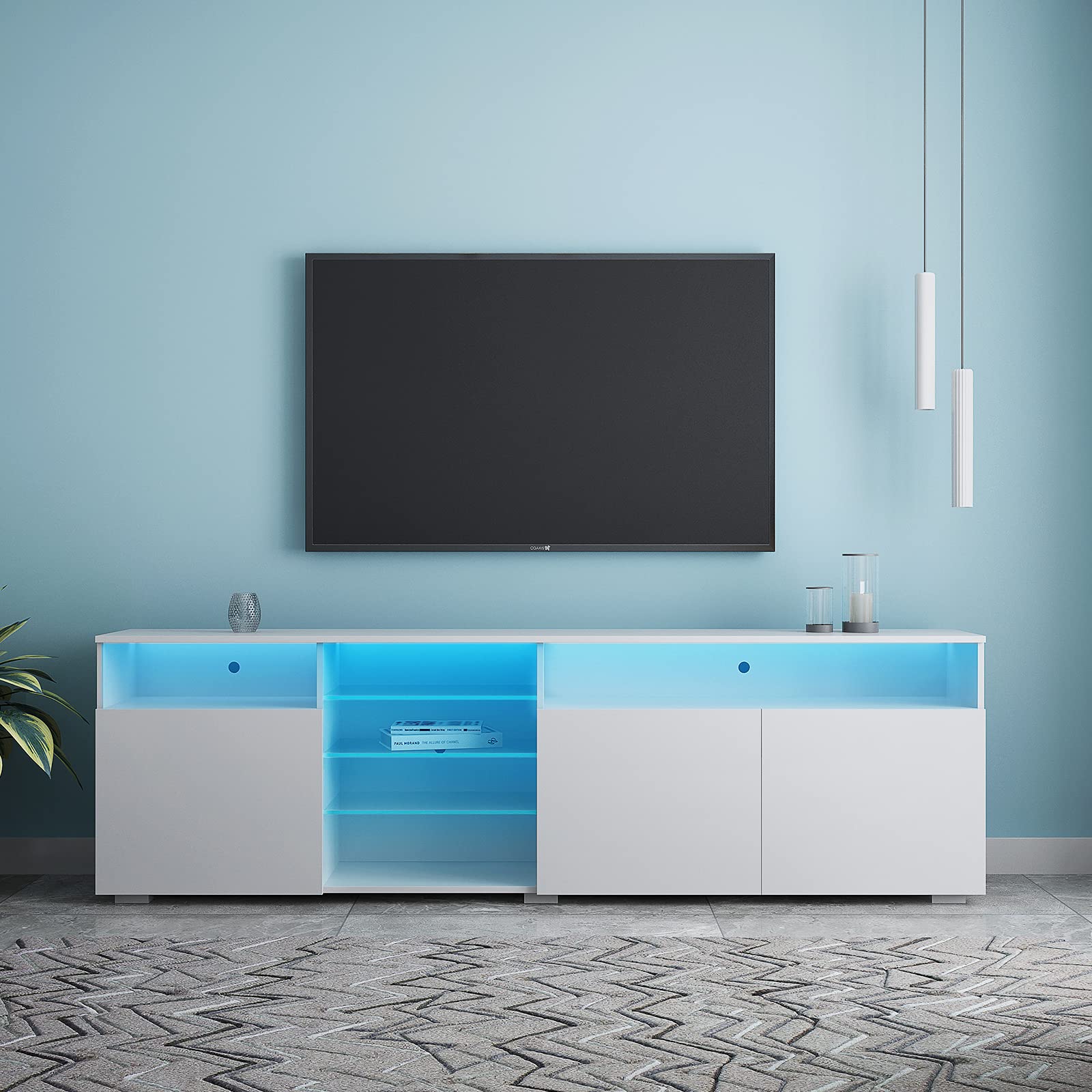 Pouseayar 90 Inch LED TV Stand with Color Changing Lights - Modern Entertainment Center & Media Console with Storage, High Gloss White Finish - Perfect for Living Room Home Theater Setup