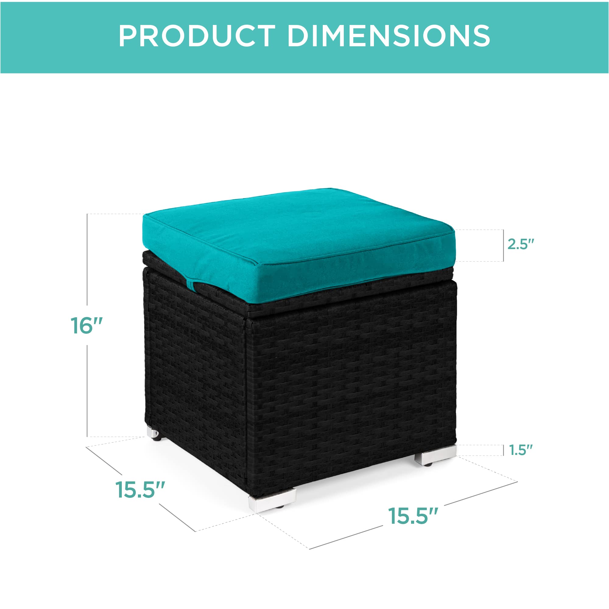 Best Choice Products Set of 2 Wicker Ottomans with Storage - Multipurpose Outdoor Furniture for Patio, Backyard, Garden | Extra Seating, Footrest, Side Table | Removable Cushions, Black/Teal | Perfect for Lounging, Entertaining & Small Space Storage