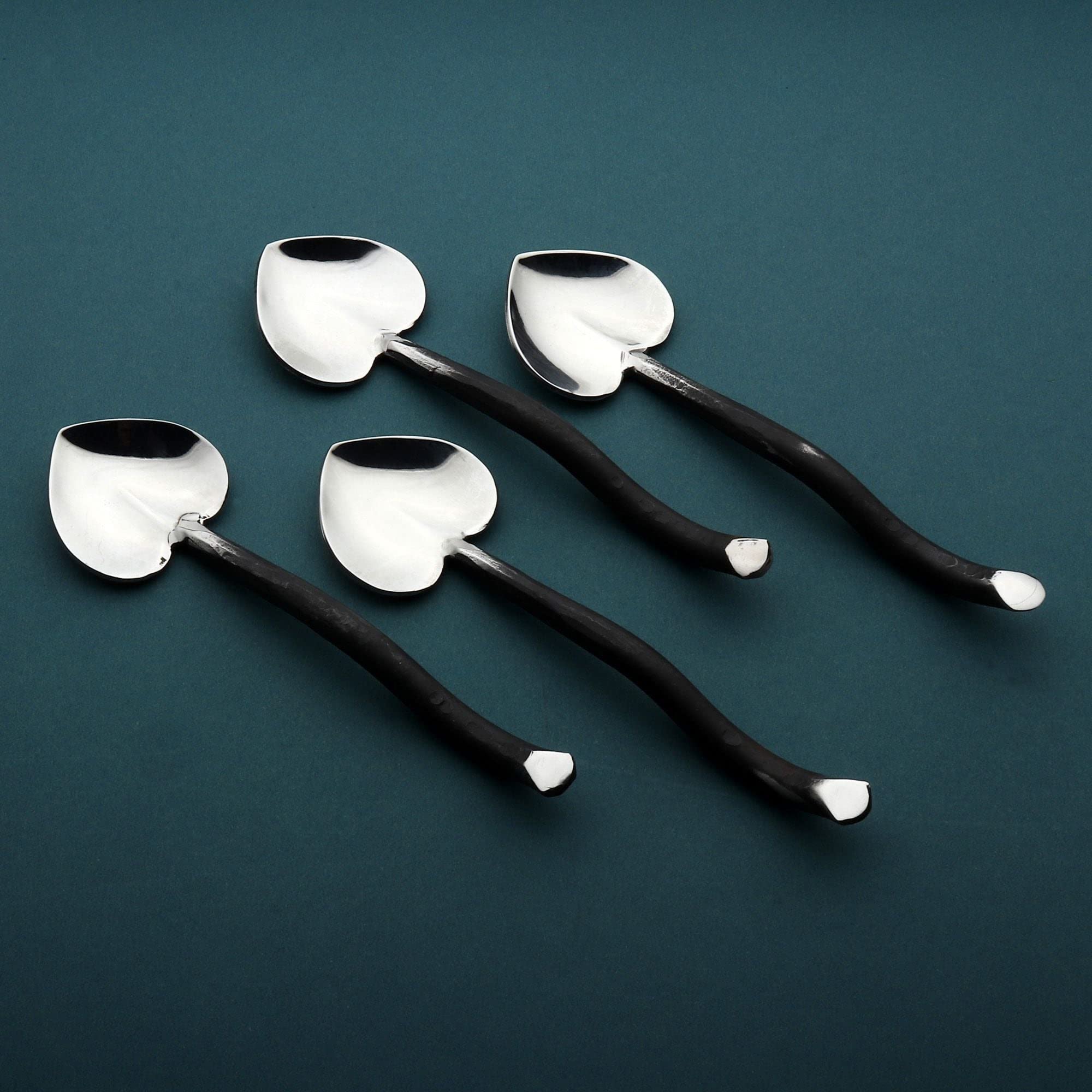 Twig Design Burnt Black Heart Spoon Set - 4 Pcs Stainless Steel Utensils | Dishwasher Safe | Perfect for Coffee, Tea, Desserts & Romantic Dining