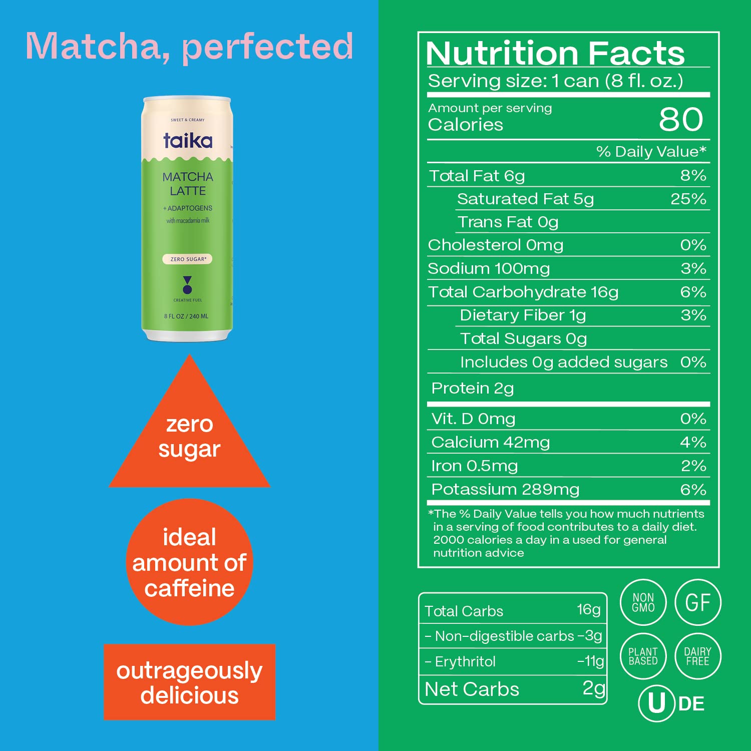 Organic Ceremonial Grade Matcha Latte with Ashwagandha - Taika Iced Matcha Latte, 8 Fl Oz (Pack of 12) | Perfect for Energy Boost, Focus & Relaxation at Work, Gym or Home