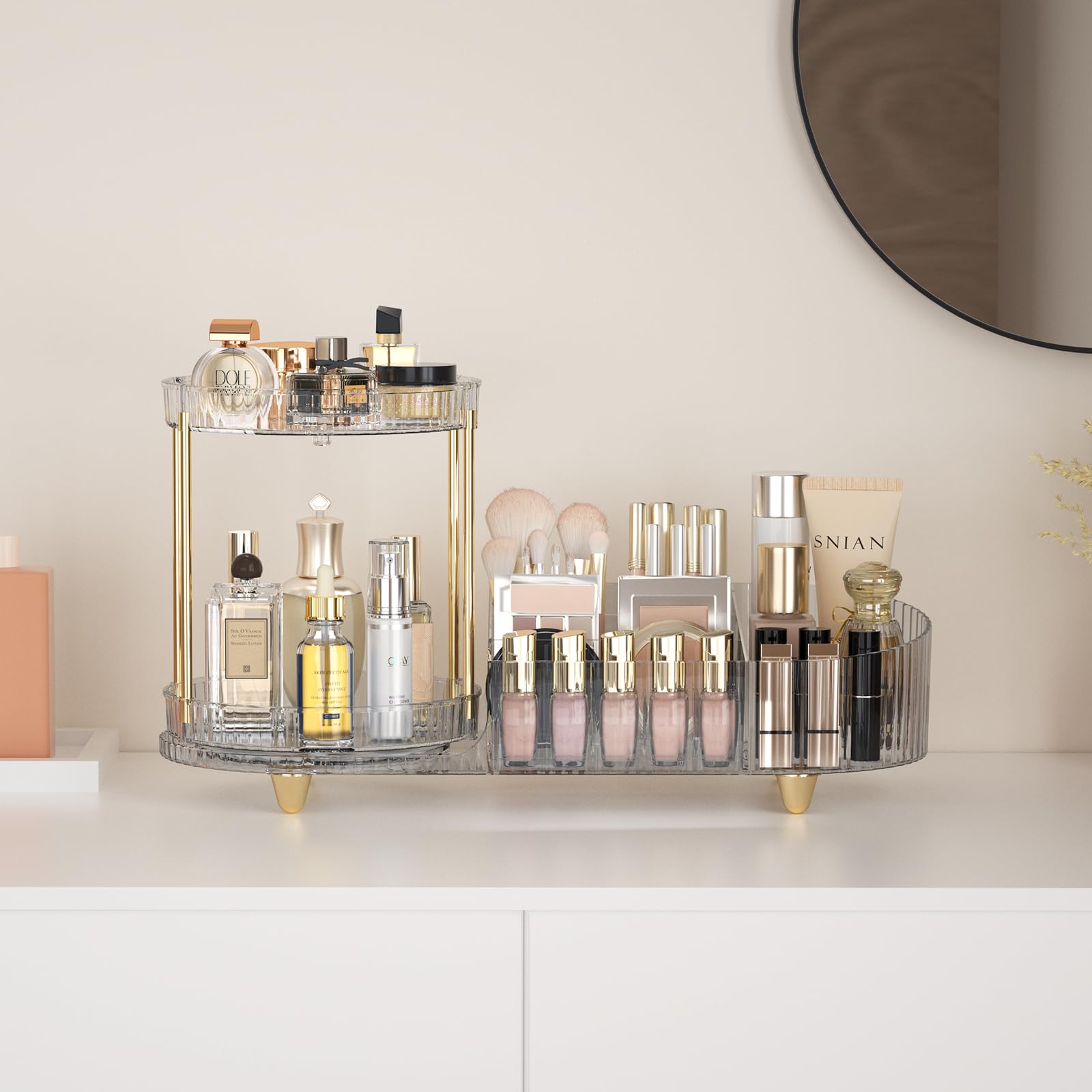 Rotating Makeup Organizer for Vanity - 2-in-1 Cosmetic & Skincare Storage with Perfume Tray | Perfect for Bathroom Counter, Dresser, or Desk Organization (Makeup Display Case & Holder)
