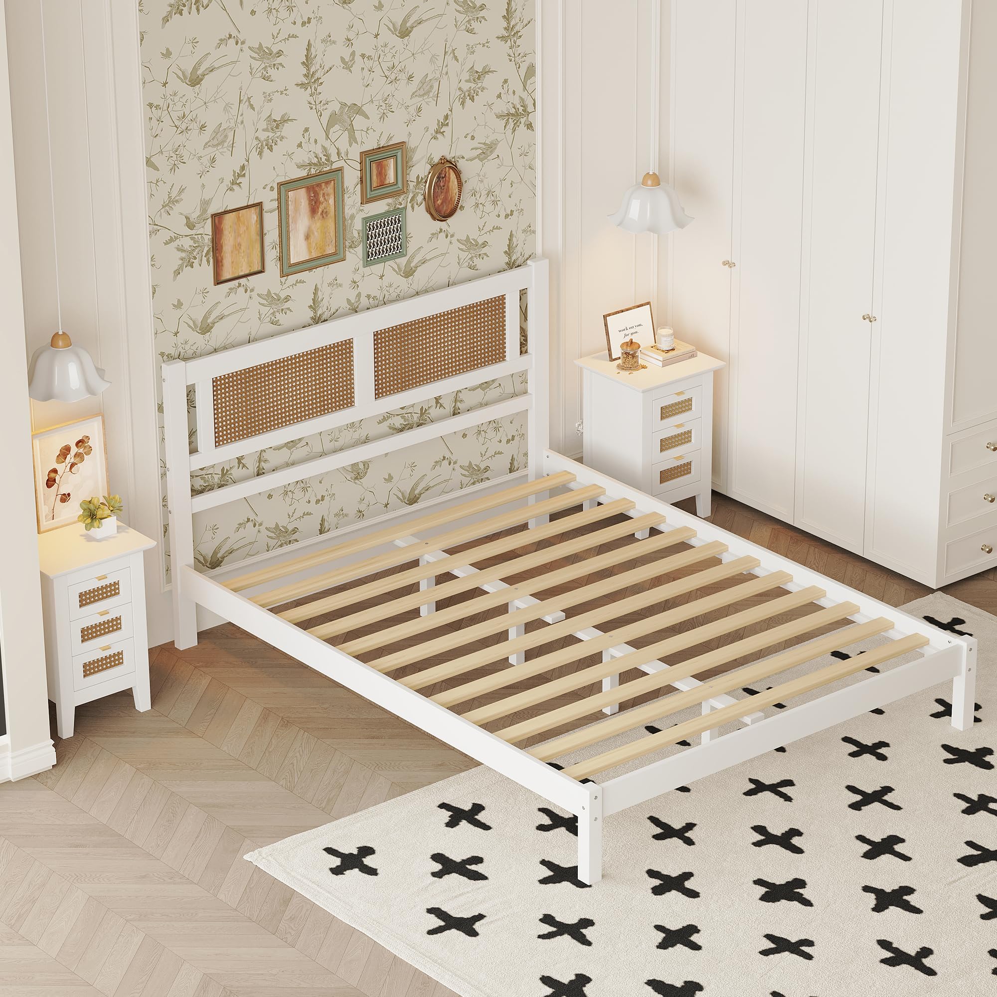 Merax 3-Piece Queen Size Bohemian Bedroom Set - Wooden Platform Bed Frame with Natural Headboard & 2 Rattan Nightstands with Storage Drawers, White - Perfect for Modern Boho Bedroom Decor & Small Space Living