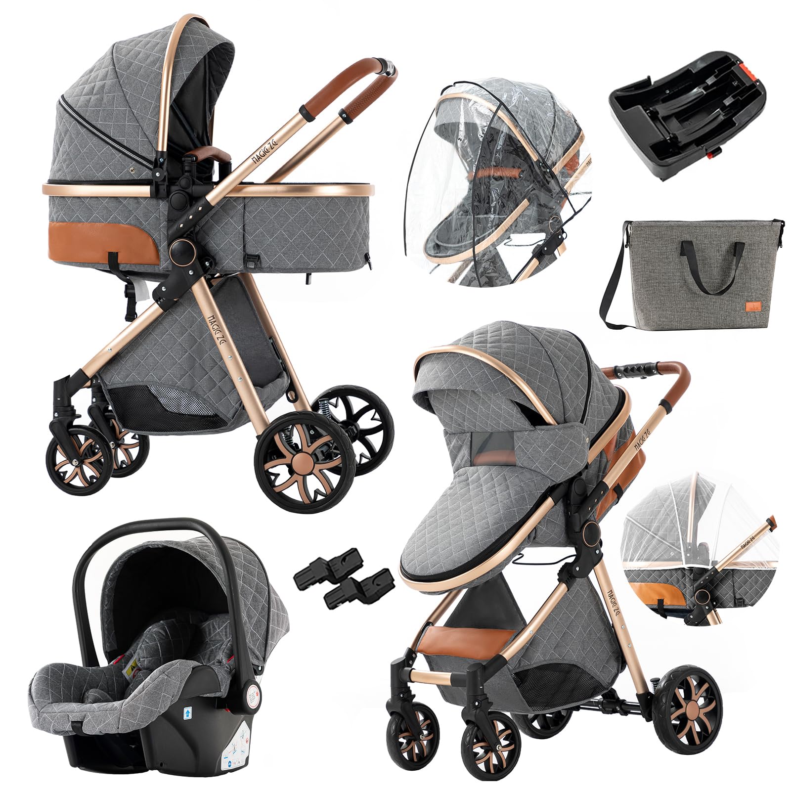 3 in 1 Convertible Baby Stroller Travel System - Reversible Luxury Pushchair with Foldable Design & Infant Car Seat Base | Lightweight Portable Pram for Newborns, Toddlers | Perfect for Shopping, Park Walks & Air Travel (UDV9-GREY)