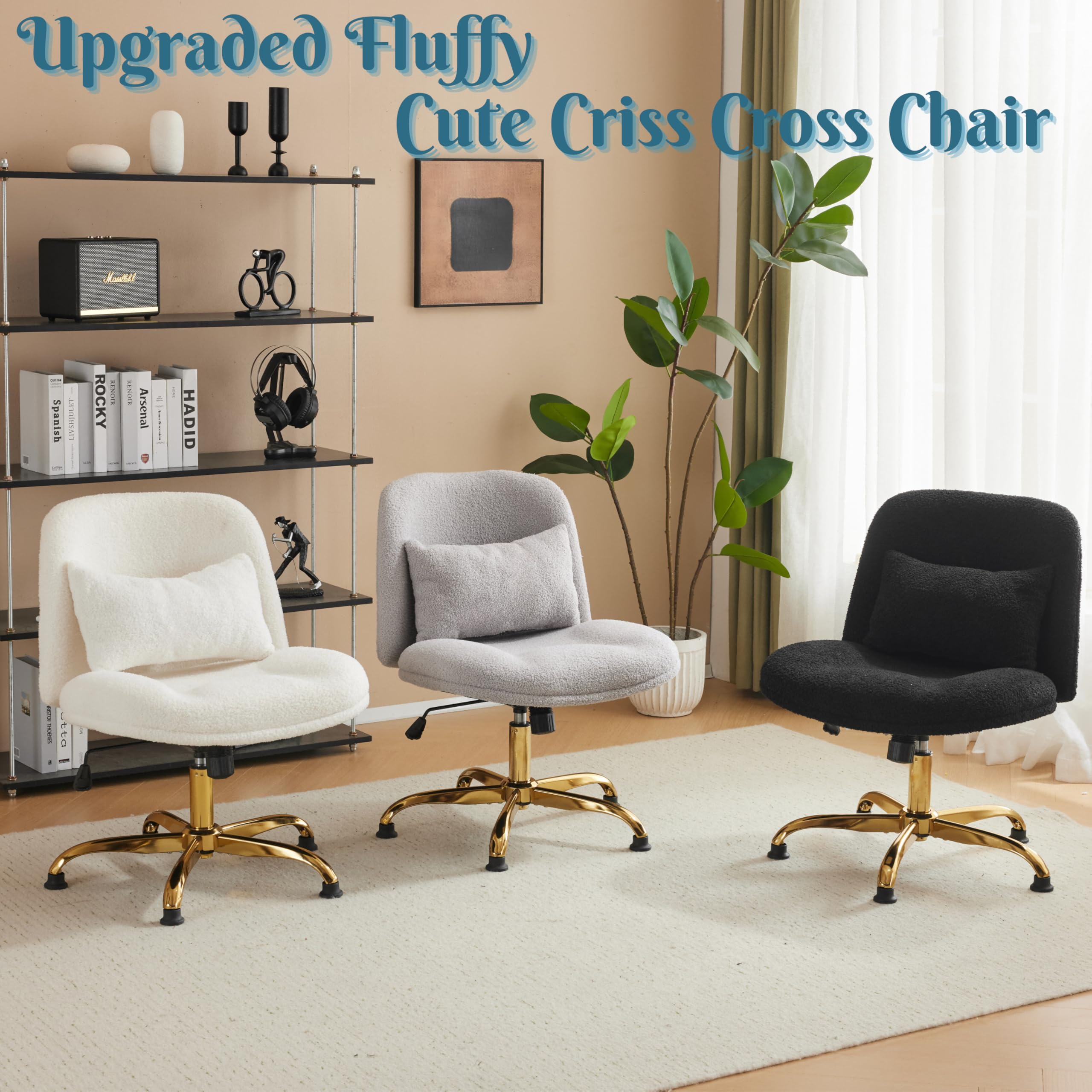 VINGLI Ergonomic Wide Criss Cross Leg Office Chair with Lumbar Pillow - Gold Base Swivel Desk Chair for Home Office & Bedroom, Adjustable Dual-Use Design (Wheels Optional), Soft Teddy Fleece Gray Fabric - Perfect for Long Work Sessions, Gaming & Vanity Makeup Areas