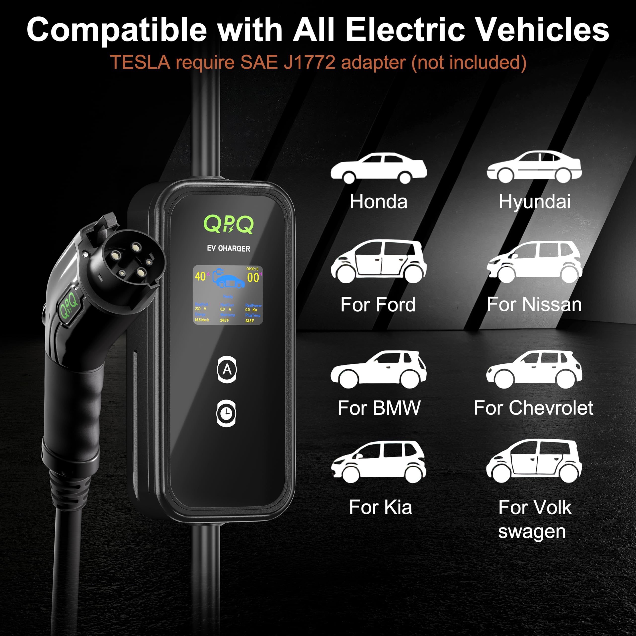 QPQ Level 2 EV Charger 40Amp 110-240V Portable Electric Vehicle Charger with Adjustable Current & Time Delay | 25ft Cable | NEMA 14-50 Plug for J1772 EVs | Perfect for Home, Office & Public Charging Stations