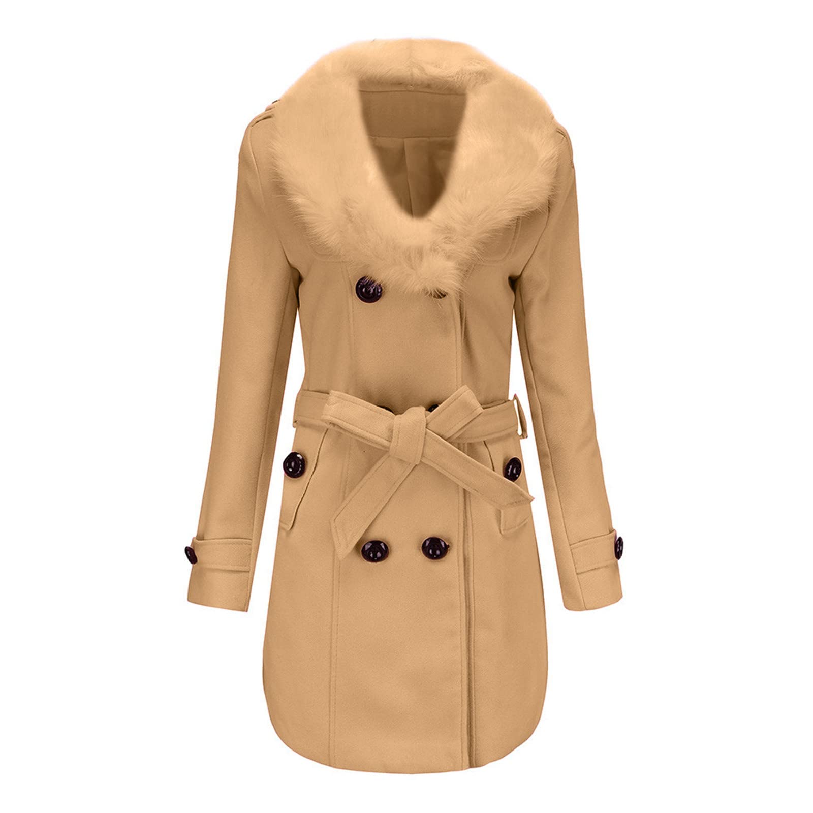 FMCHICO Women's Winter Fashion Coat - Faux Fur Lapel Double Breasted Wool Trench Jacket for Cold Weather | Office Wear, Date Night Outfits, Holiday Style