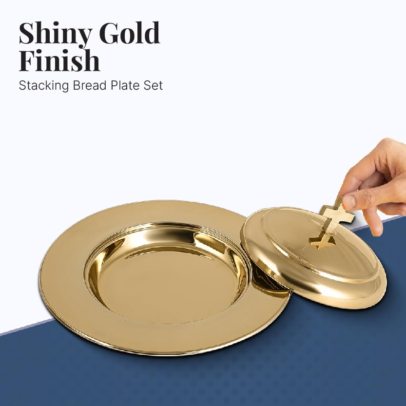 Stainless Steel Communion Serving Set - 5 Holy Wine Trays with Lid & 3 Stacking Bread Plates - Brass Gold Finish for Church Eucharist Ceremony & Religious Events