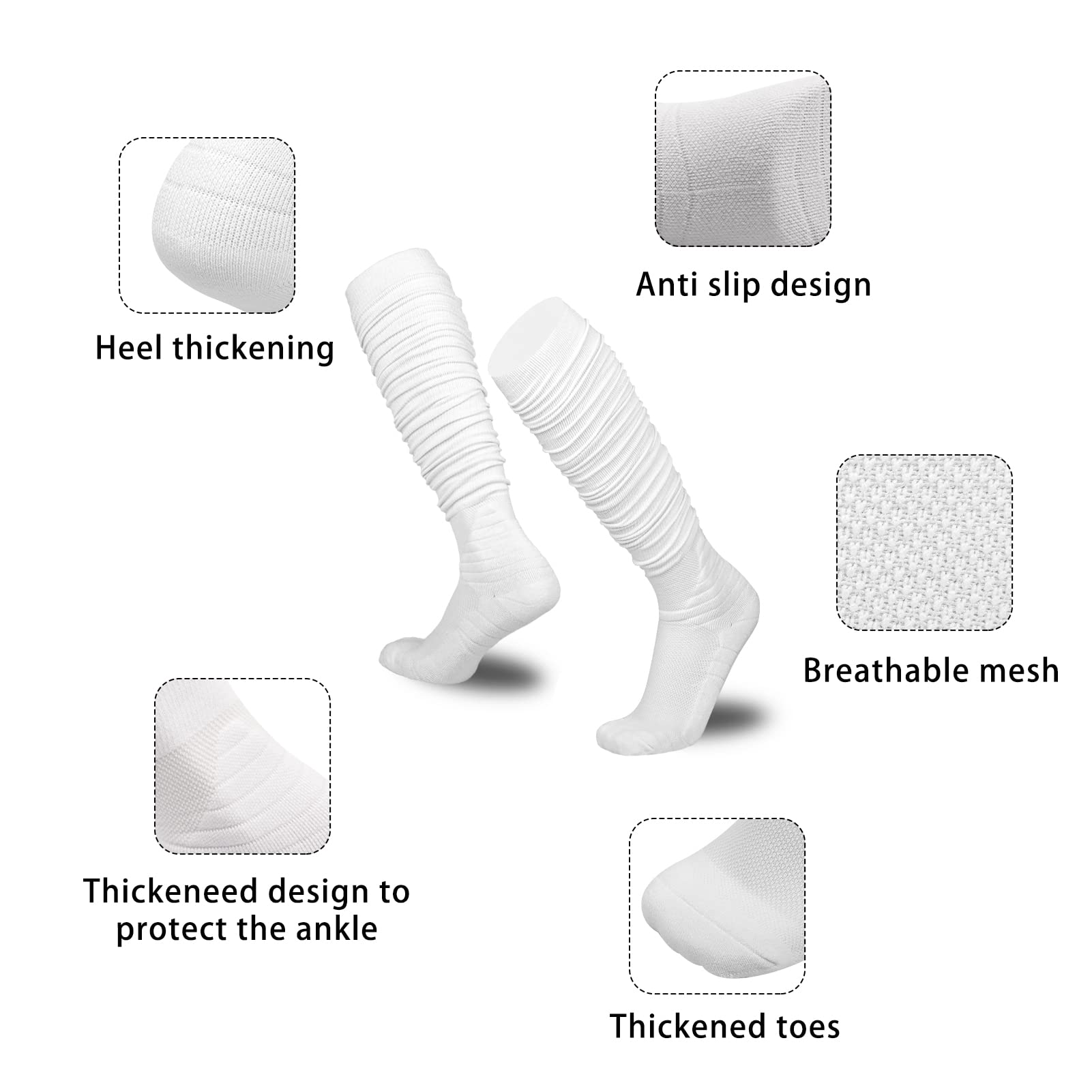 YYXR Non-Slip Extra Long Football Socks for Men - White Knee High Compression Soccer Socks with Scrunchie Design - Perfect for Training, Matches & Athletic Performance