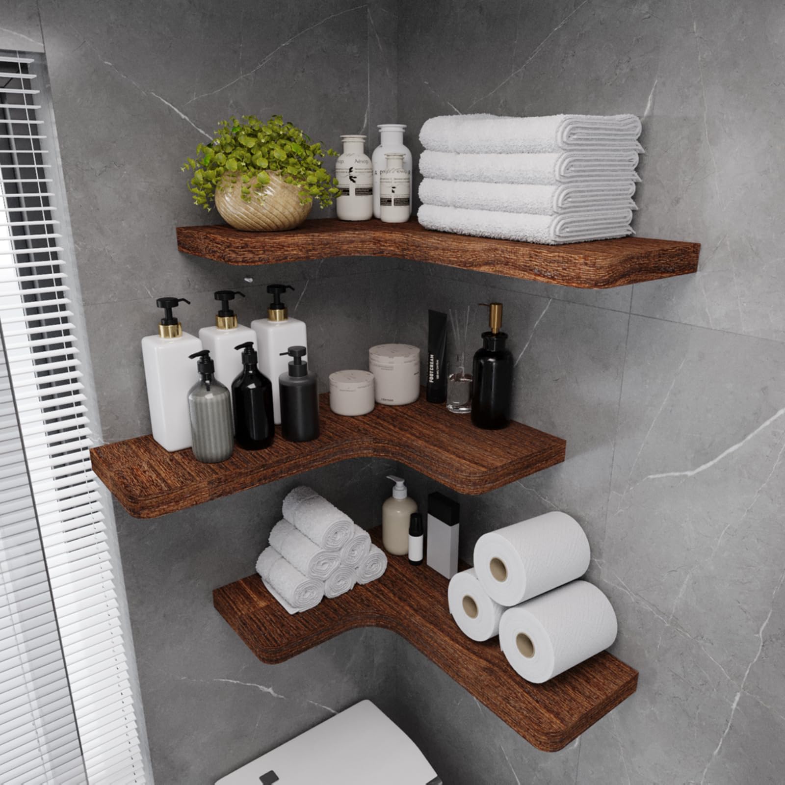 SAUMONIERES Set of 3 Solid Wood Floating Shelves - Rustic Brown Wall Mounted Corner Shelves with Invisible Brackets for Bedroom, Bathroom, Kitchen Storage | Perfect for Displaying Decor, Books & Organizing Small Spaces