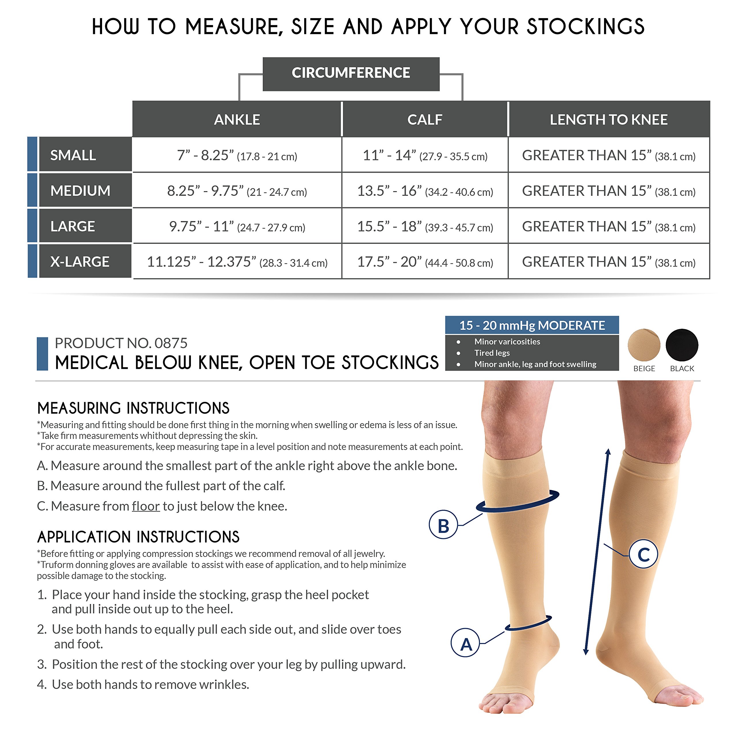 Truform 15-20 mmHg Compression Socks for Men & Women - Knee High Open Toe Beige Medium Size - Ideal for Travel, Varicose Veins & Circulation Support