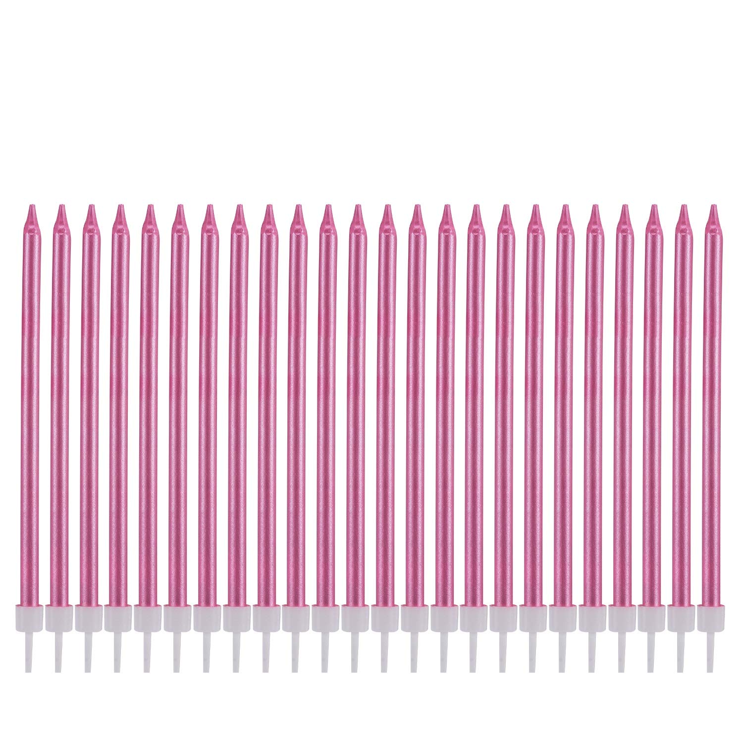 24-Pack Metallic Pink Birthday Cake Candles with Holders - Long Thin Cupcake Candles for Wedding, Party & Birthday Decorations - Perfect for Cake Toppers, Dessert Displays & Celebration Centerpieces