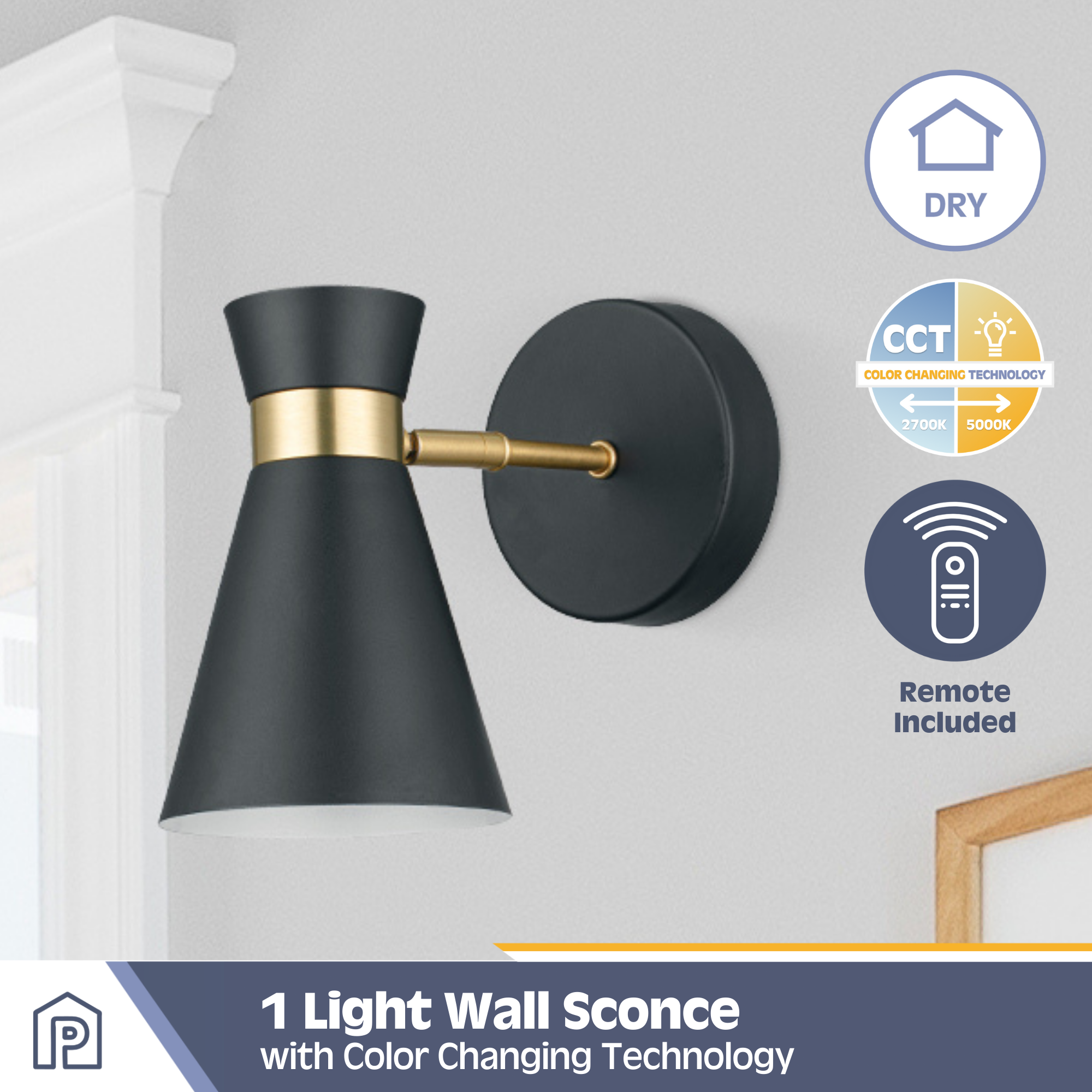 2 Pack Battery Operated LED Wall Sconce Lights - Matte Black with Brushed Gold Accents - Dimmable Cordless Wall Lighting for Bedroom, Hallway & Staircase