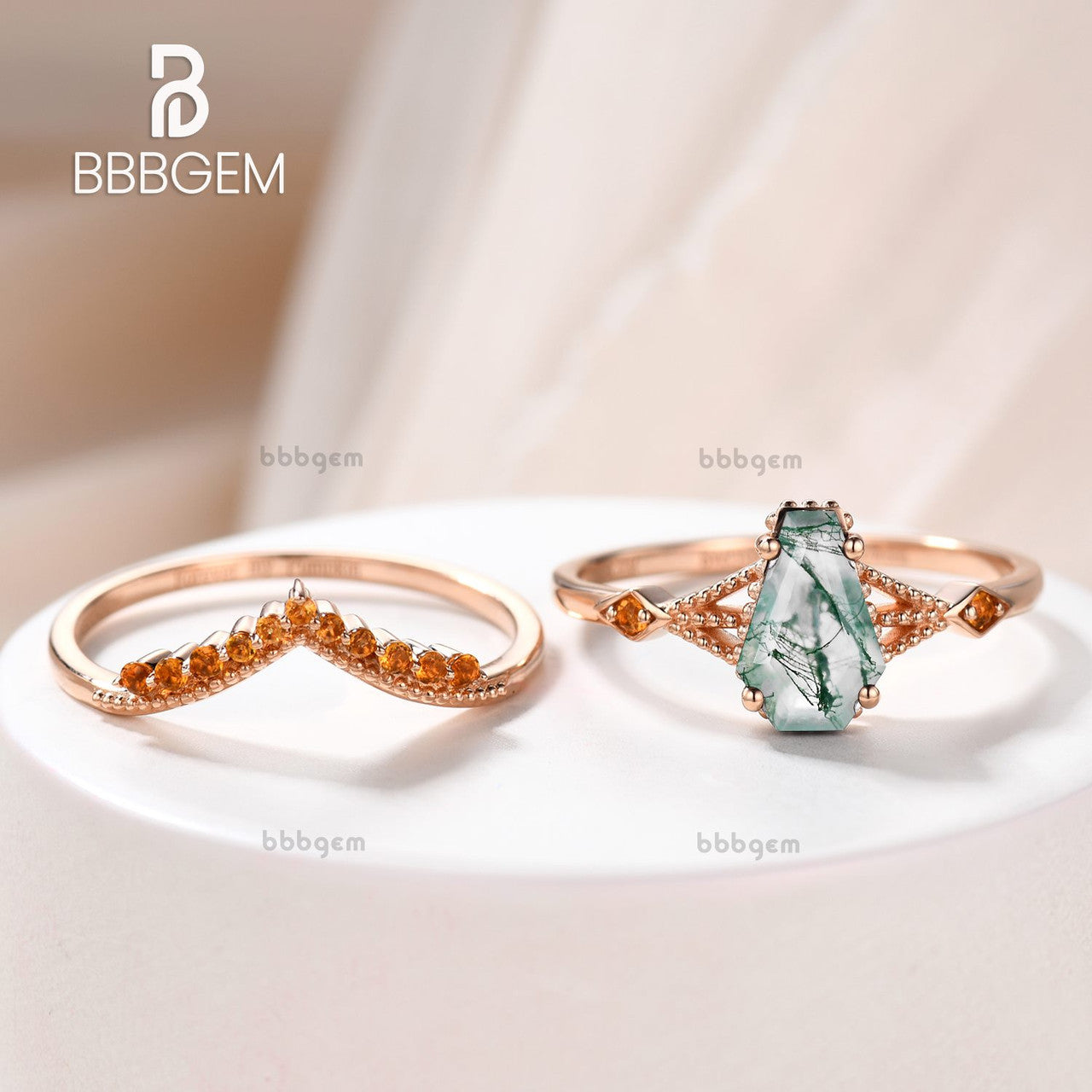 Vintage Moss Agate Coffin Cut Wedding Ring Set with Yellow Citrine Milgrain Curve Band for Women - Elegant Bridal Jewelry for Engagement, Anniversary & Special Occasions