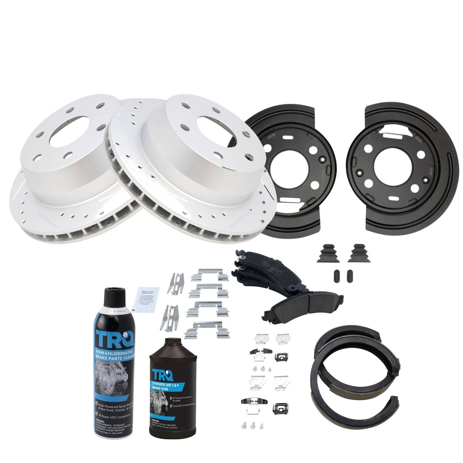 High-Performance TRQ Rear Ceramic Brake Pads with Rotors, Parking Shoes & Backing Plates - Includes Brake Fluid Kit | Perfect for Trucks, SUVs & Performance Vehicles | Smooth Stopping Power for Daily Commute & Off-Road Adventures