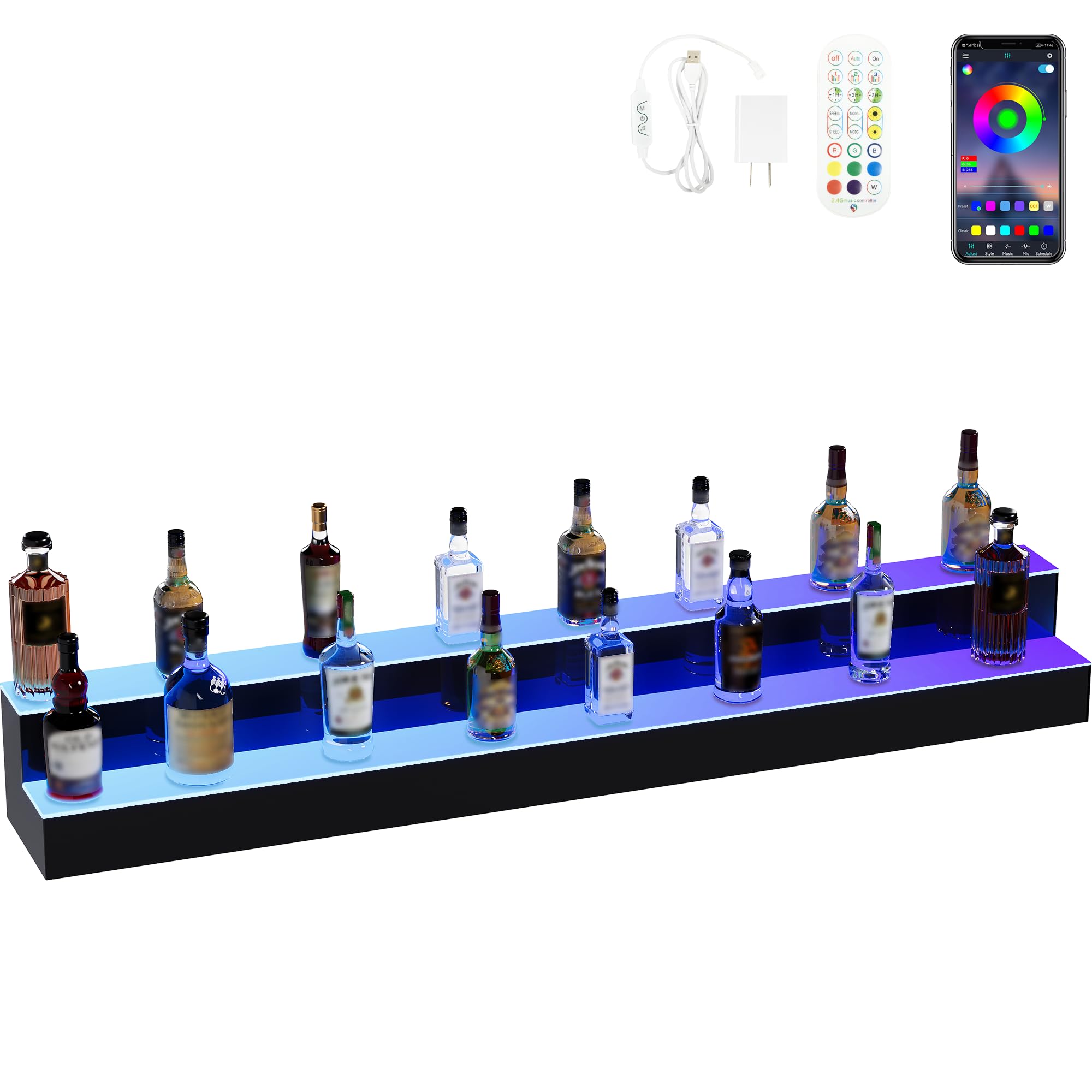 YITAHOME 60-inch 2-Step LED Lighted Liquor Bottle Display Shelf - Acrylic Mounted Whiskey Rack Stand with Remote & App Control - Perfect for Home Bar, Counter Party, and Restaurant Display