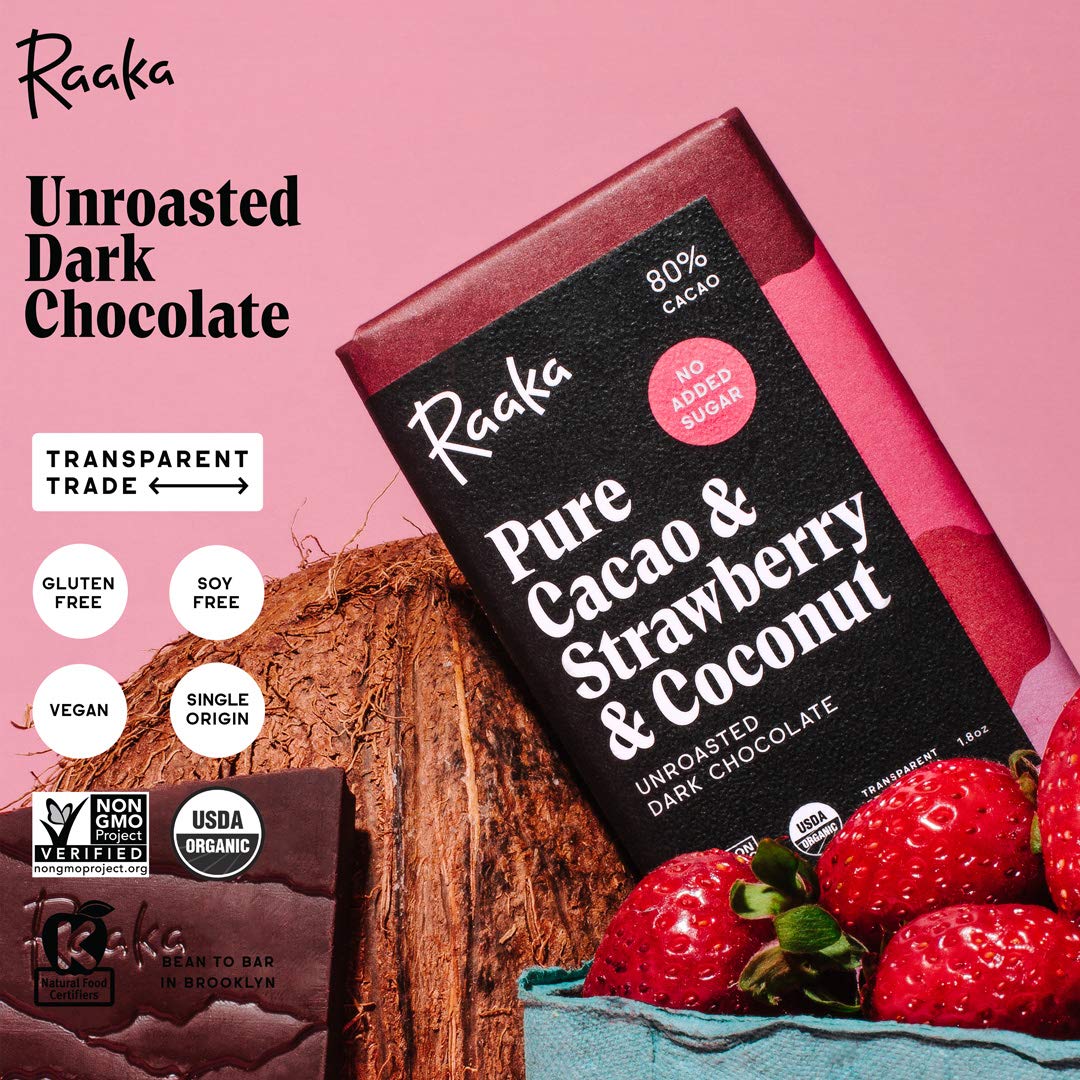 Organic Vegan Raaka Chocolate Bars - Strawberry Coconut, 3-Pack (1.8oz) - Fair Trade, Keto & Paleo Friendly for Healthy Snacking