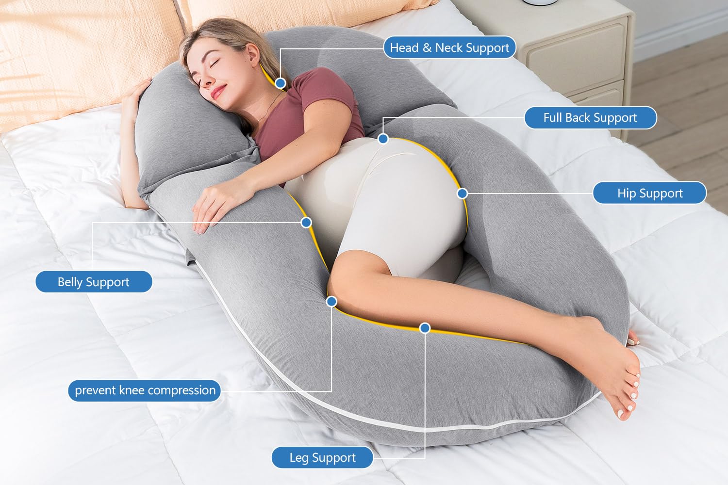 INSEN Pregnancy Pillow for Sleeping - Detachable Body Pillow for Pregnant Women, Nursing & Relaxation - Cooling Tencel Cover (Grey) - Perfect for Side Sleeping, Back Pain Relief & Maternity Comfort