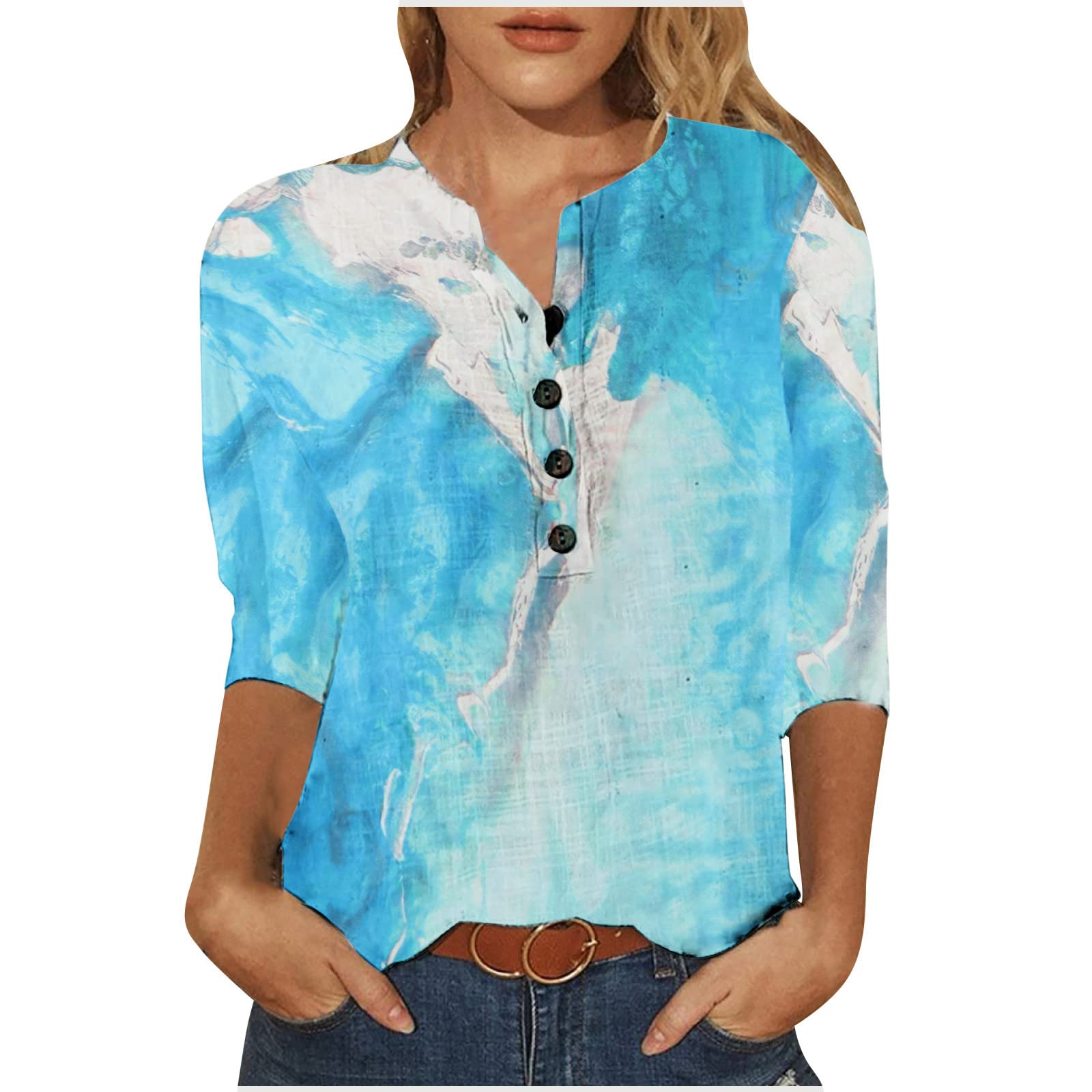 Trendy Women's 3/4 Sleeve V-Neck Printed Button Down Blouse - Loose Fit Casual Tunic Top for Work, Date & Everyday Wear