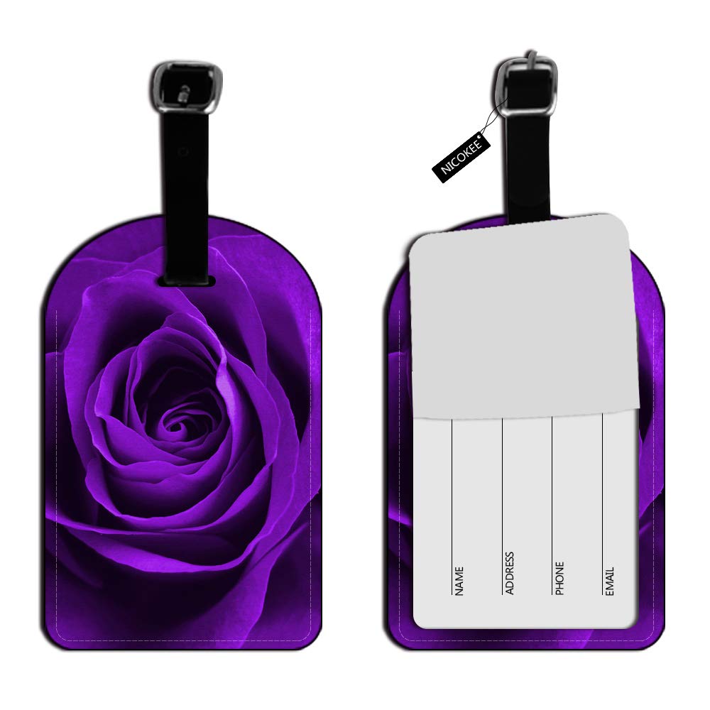 Purple Rose Flower Leather Luggage Tag - Personalized Suitcase ID Tags for Travel Bags | Durable Travel Accessories with Petal Design | Perfect for Vacation, Business Trips & Airport Identification
