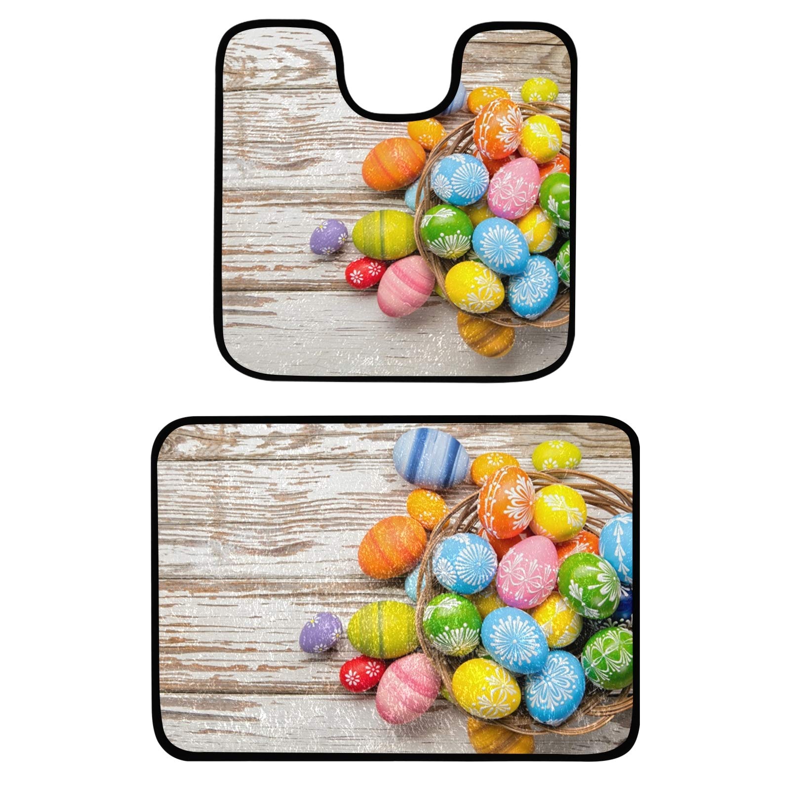 Non-Slip Plush Bath Mat Set - 2 Piece Absorbent Wood Plank Design Bathroom Rugs with U-Shaped Toilet Mat for Tub, Shower & Bathroom - Easter Egg Multicolor Decor - Perfect for Wet Floors, Kids Safety & Modern Home Decor