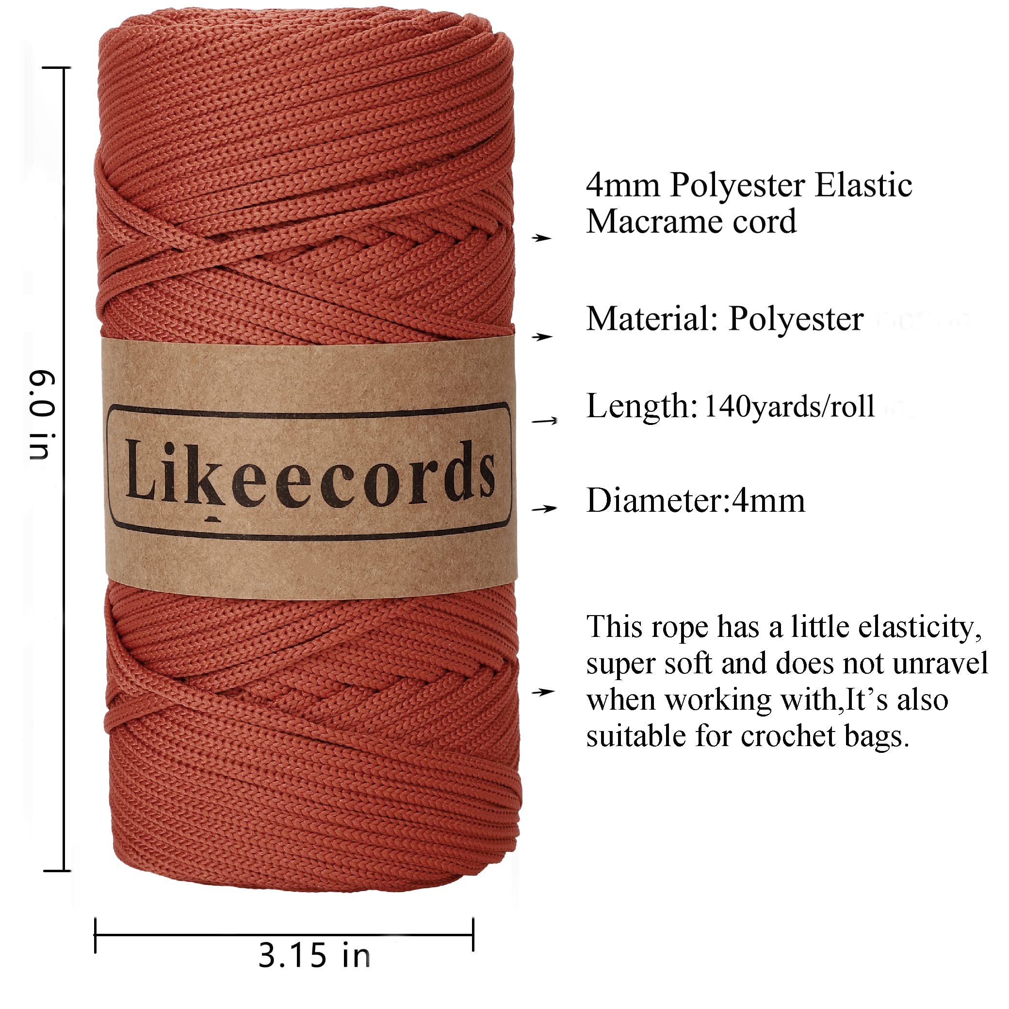4mm Polyester Braided Macrame Cord - 140 Yards (426 Feet) Elastic Yarn for Crocheting, DIY Crafts, Plant Hangers, Bags & Home Decor | Perfect for Wall Hangings, Jewelry Making & Boho Style Decor (Rust Red)