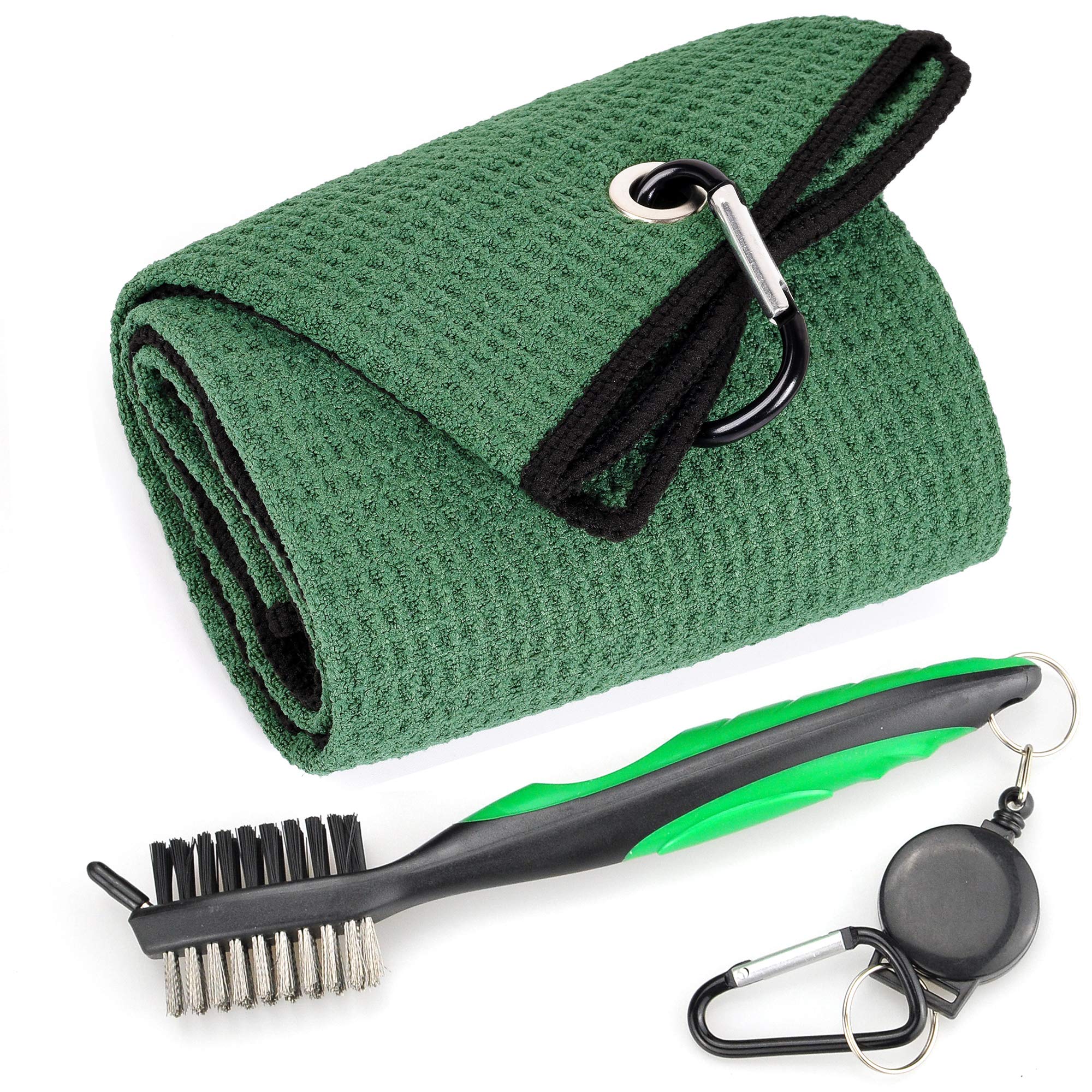 Premium Microfiber Waffle Pattern Golf Towel with Club Cleaning Kit | Tri-Fold Design, Retractable Brush & Clip | Perfect for Golfers, Sports & Outdoor Activities
