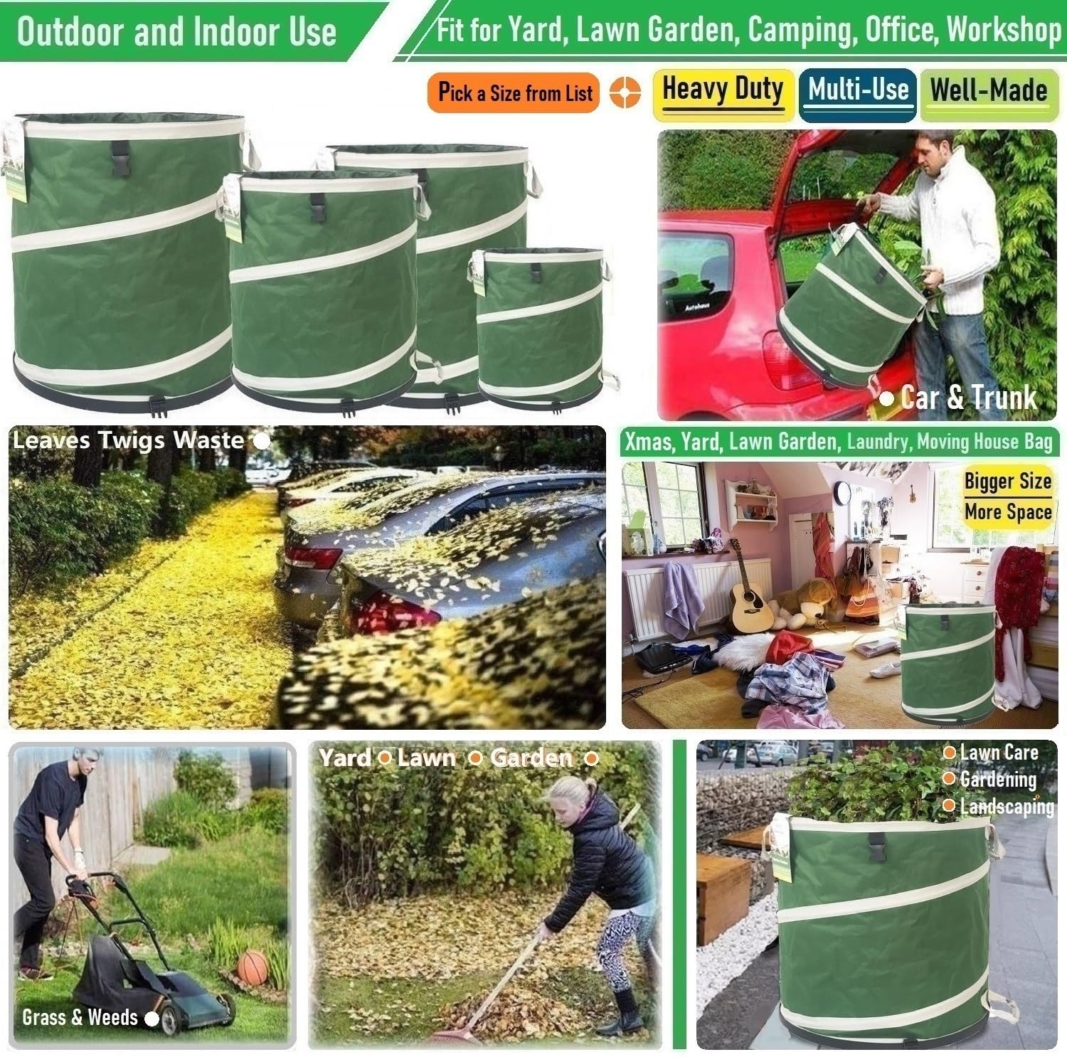 32-Gallon Collapsible Trash Can with Hard-Shell Bottom - 19x25 Inch Yard Waste Bag for Garden Debris, Recycling, Laundry & Camping | Durable Outdoor Storage for Leaves, Grass Clippings & Weeds | 4 Handles for Easy Transport | Perfect for Backyard, Garage & RV Use