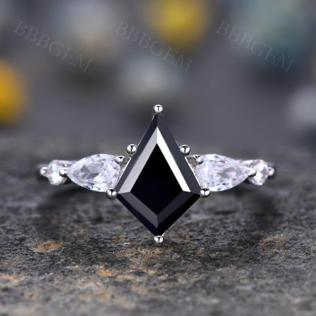Elegant Lozenge Step Cut Black Onyx Statement Ring with Pear Moissanite Accent - Perfect for Evening Parties, Date Nights & Special Occasions