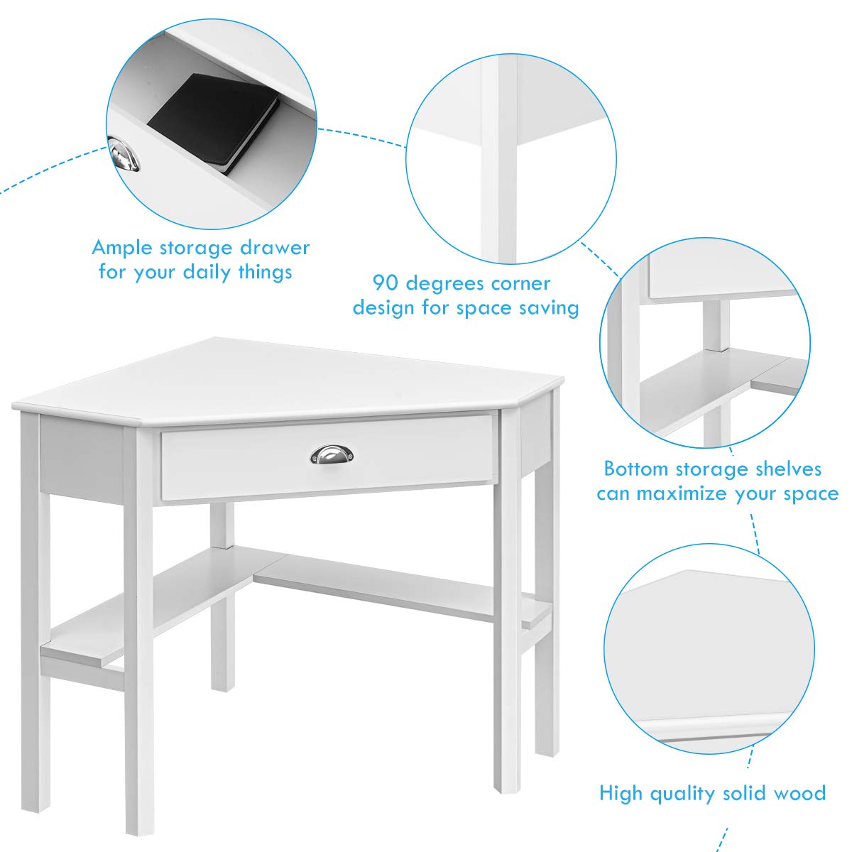 Tangkula White Corner Desk with Drawer & Storage Shelves - 90° Triangle Computer Desk for Small Spaces | Home Office, Gaming & Makeup Vanity Workstation