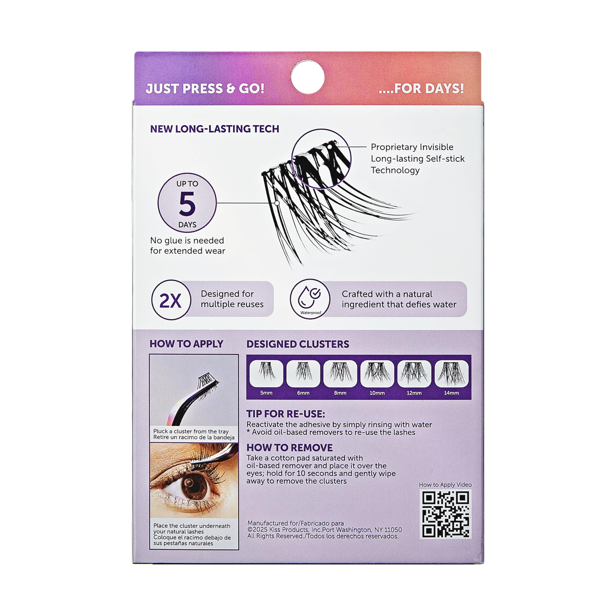 KISS imPRESS Falsies Long Lasting Self-Adhesive Eyelashes - Demi Wispy Style, 5-Day Wear, 24 Light Volume Lash Clusters (5-14mm) with Non-Stick Applicator | Perfect for Parties, Weddings & Daily Wear