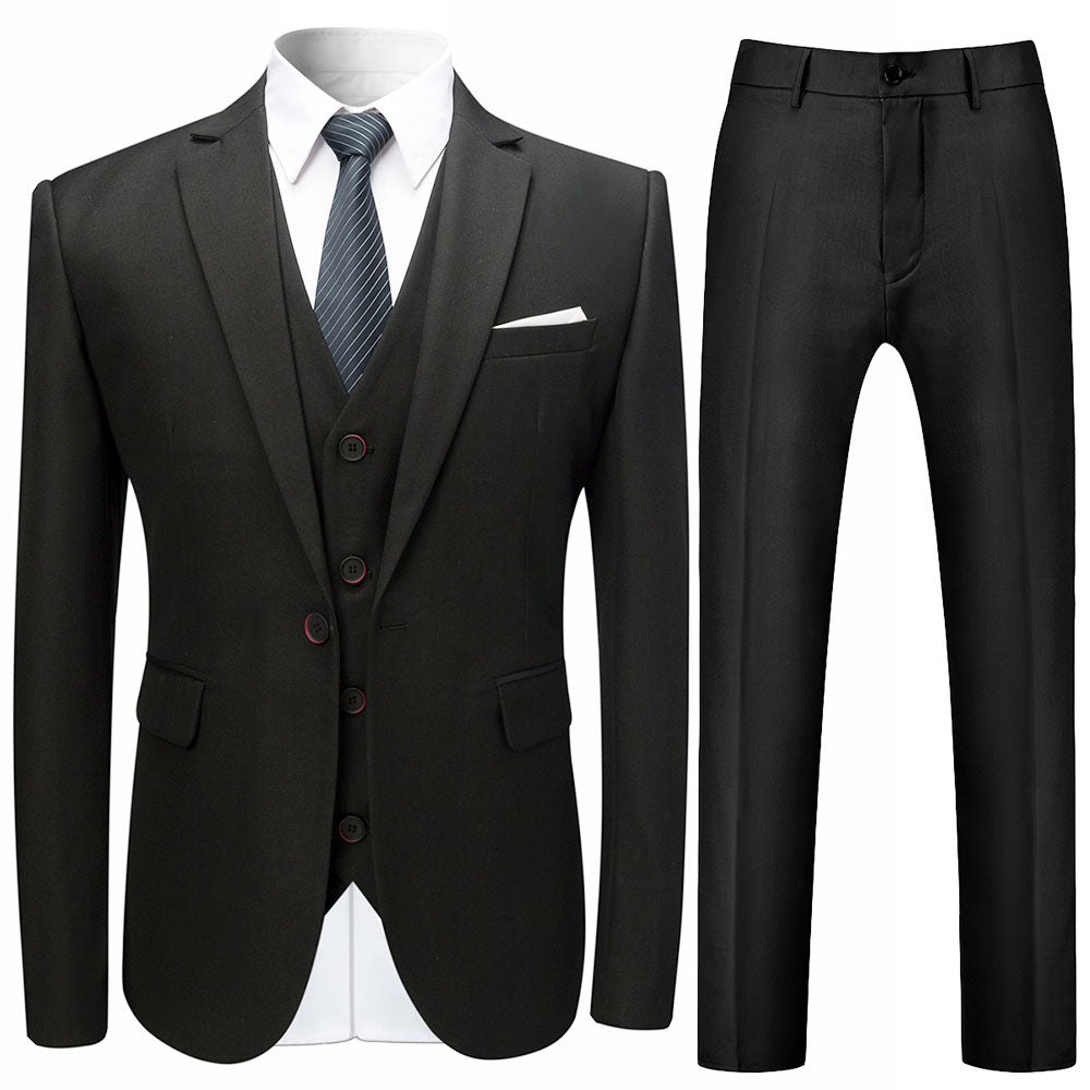 3 Piece Slim Fit Solid Color Jacket & Formal Suit Set for Men - Perfect for Weddings, Business Meetings & Special Occasions - Classic Black