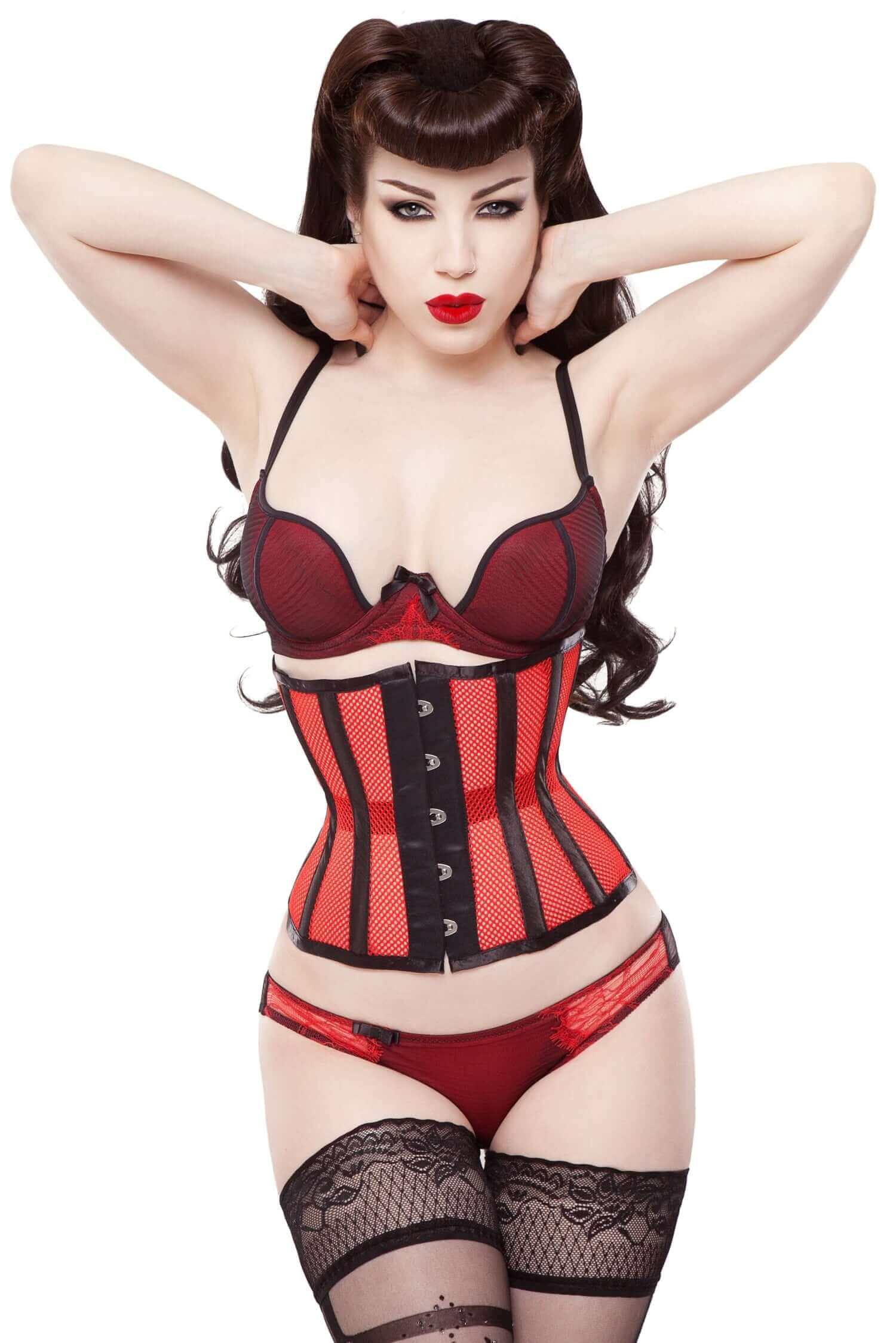 Playgirl Eve Red Net Mesh Cincher Corset With Black Lace - Sexy Waist Trainer for Women, Plus Size Corset Top for Burlesque, Halloween, Cosplay & Boudoir Photography