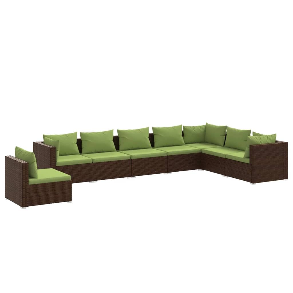 Premium 8-Piece Patio Lounge Set with Cushions - Outdoor PE Rattan Furniture - Durable & Easy-to-Clean Modular Design - Brown Wicker with Green Cushions - Perfect for Garden, Poolside & Backyard Relaxation