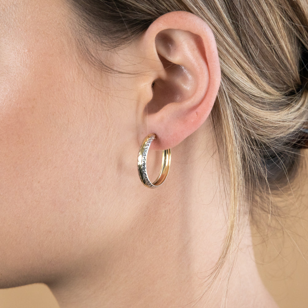 9ct Yellow and White Gold Silver-Filled Diamond Cut 25mm Hoop Earrings for Women - Elegant Everyday Jewelry for Parties, Weddings & Gifting