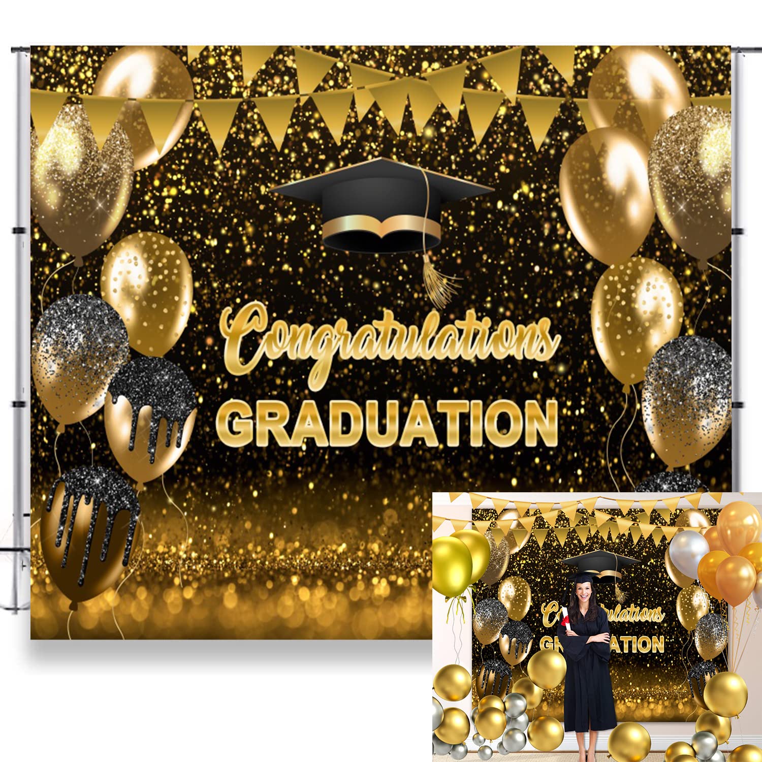 2024 Graduation Backdrop - Black Gold Glitter Balloon Background for Grad Party, Prom & Ceremony | Class of 2024 Congrats Grad Vinyl Photography Backdrop 10x8ft | Perfect for Graduation Photos, Portrait Sessions & Celebration Decor