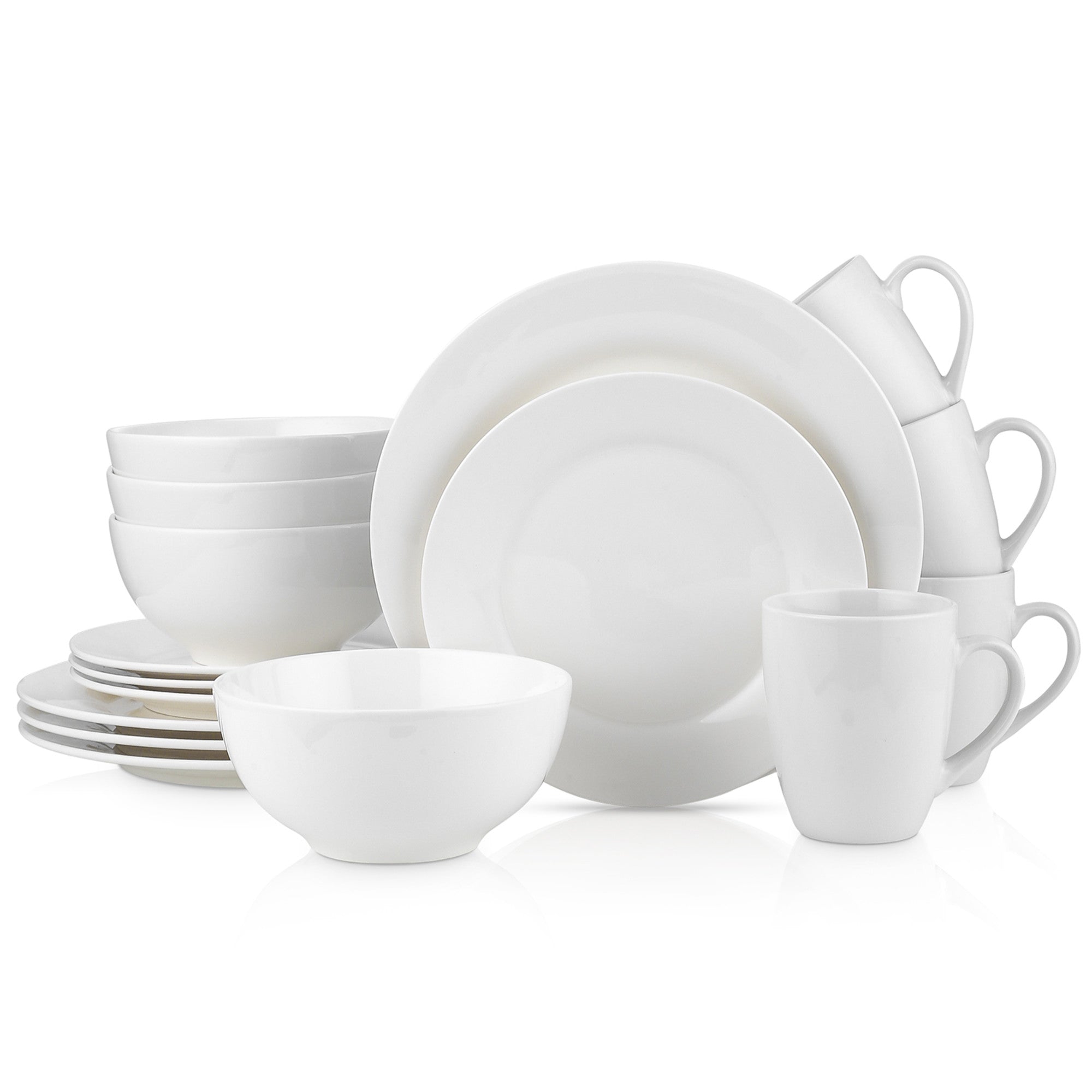 Evermore Porcelain Dinnerware Set - 16-Piece White Dinner Plates, Bowls & Mugs - Elegant Bone China for Formal Dining, Wedding Registry & Holiday Entertaining