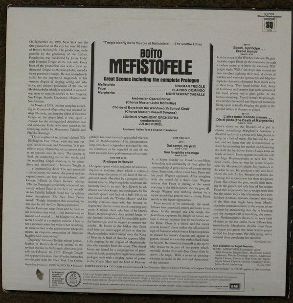 Arrigo Boito, Norman Treigle, Montserrat Caballé, Placido Domingo - Great Scenes From Mefistofele LP (Quadraphonic, Near Mint or Mint Condition) - Opera Collectors Edition for Audiophiles & Classical Music Enthusiasts