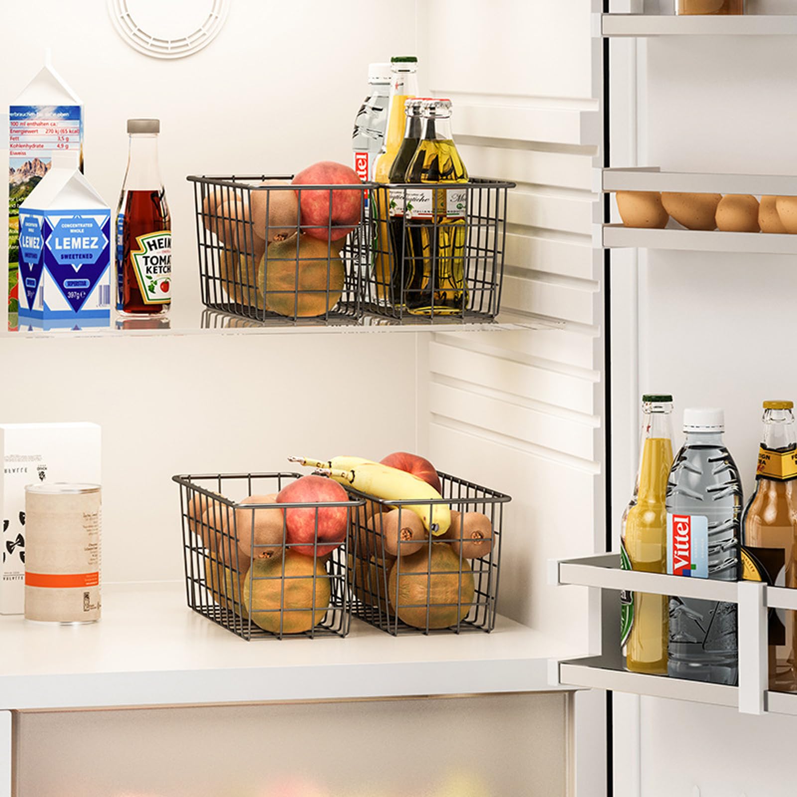 Adhesive Wall Mounted Kitchen Storage Baskets - No Drill Hanging Wire Baskets for Pantry, Bathroom & Home Organization (2 Pack, Black) - Perfect for Spice Jars, Utensils & Small Item Storage