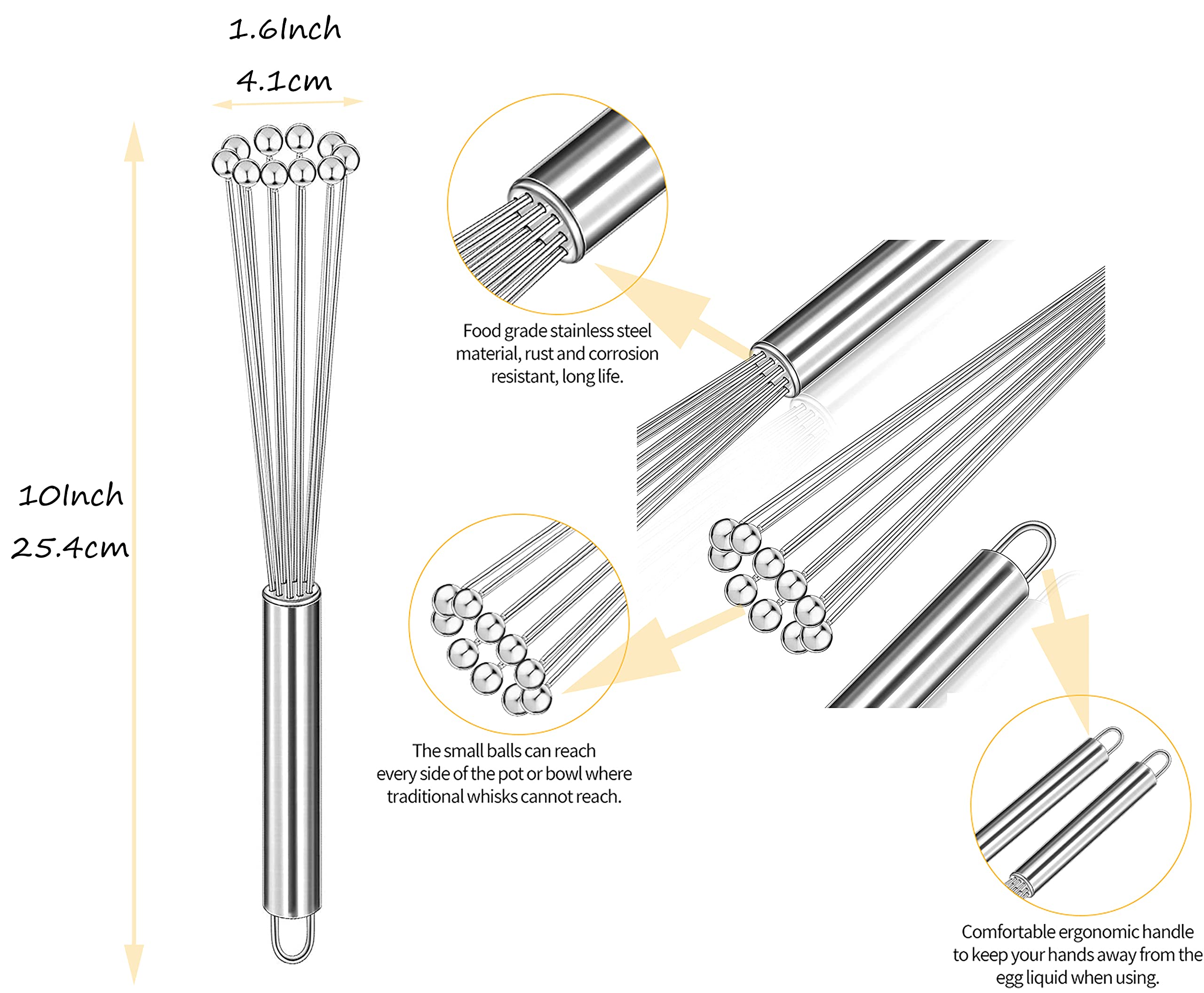 1 Piece Mini Ball Whisk - Durable 304 Stainless Steel Hand Blender for Mixing Sauces, Eggs, Cream - Eco-Friendly Kitchen Tool (12 Inch/30.4cm) - Perfect for Baking, Cooking & Whisking in Small Bowls