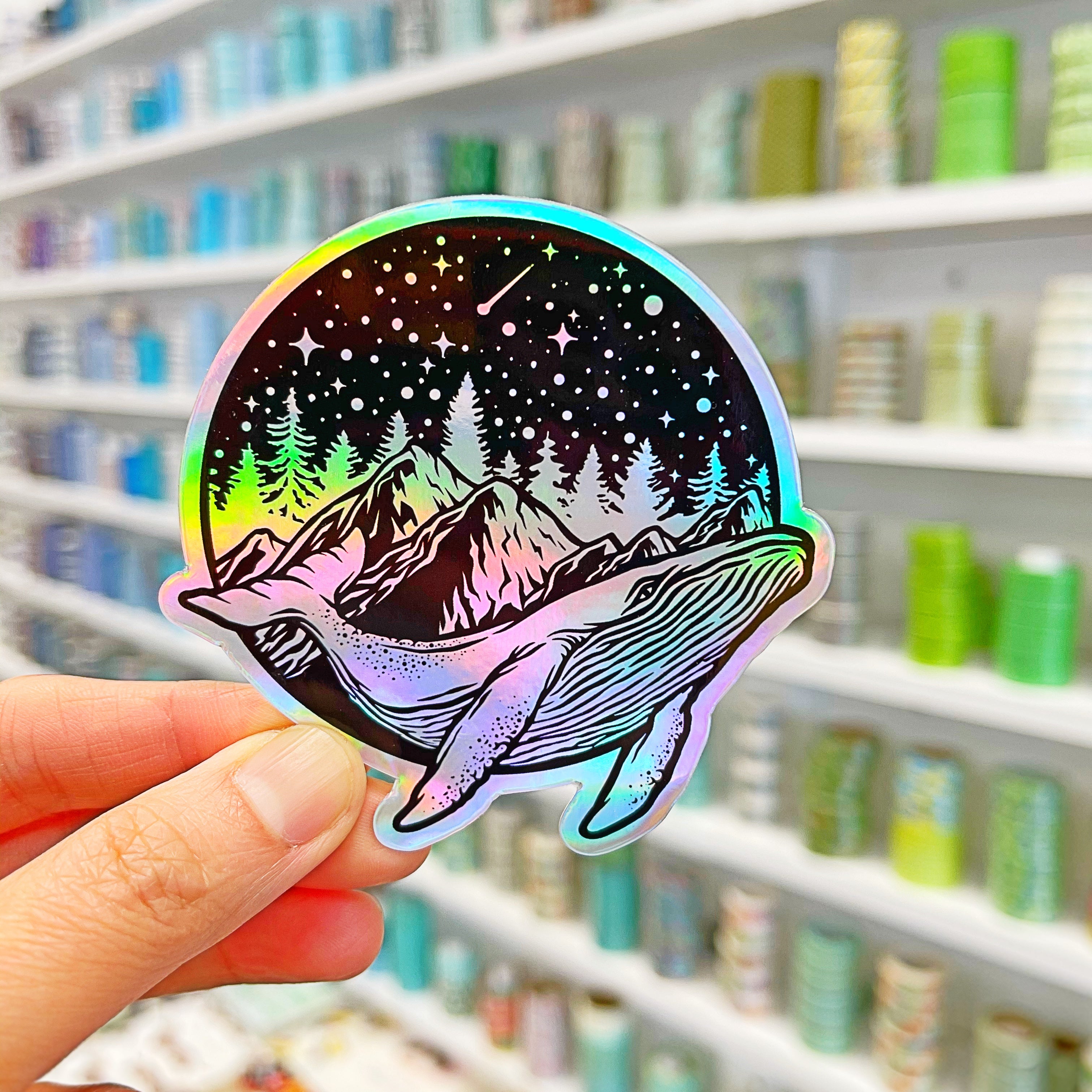 Celestial Whale Holographic Vinyl Sticker - Waterproof Decal for Laptop, Phone, Car, Notebook - Space Ocean Theme DIY Decoration for Kids Room, Office, Water Bottles