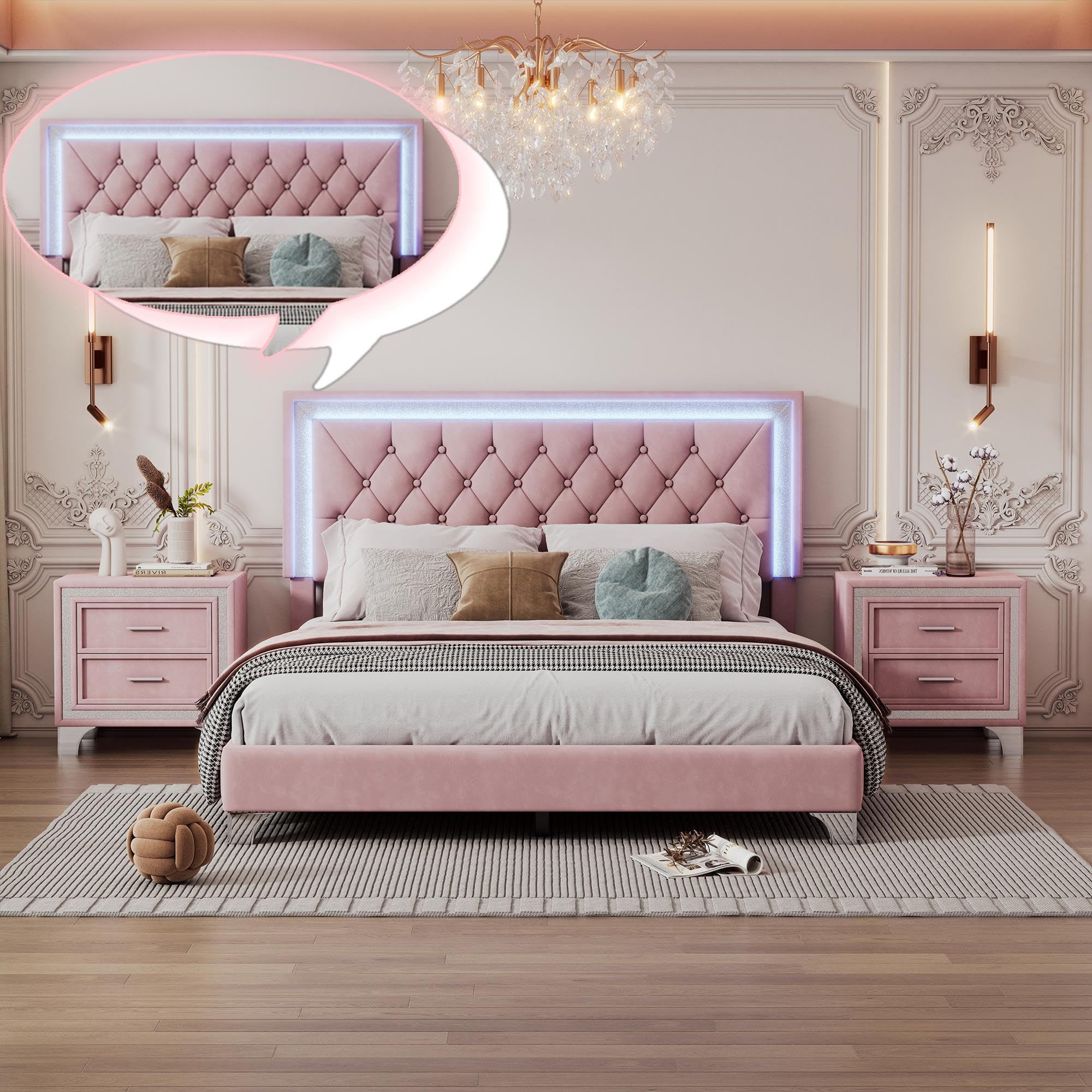 Linique 3-Piece Queen Size Bedroom Set with LED Upholstered Platform Bed Frame & Nightstands - Modern Velvet Wooden Bed with Button Tufted Headboard in Pink | Perfect for Contemporary Bedrooms & Master Suites